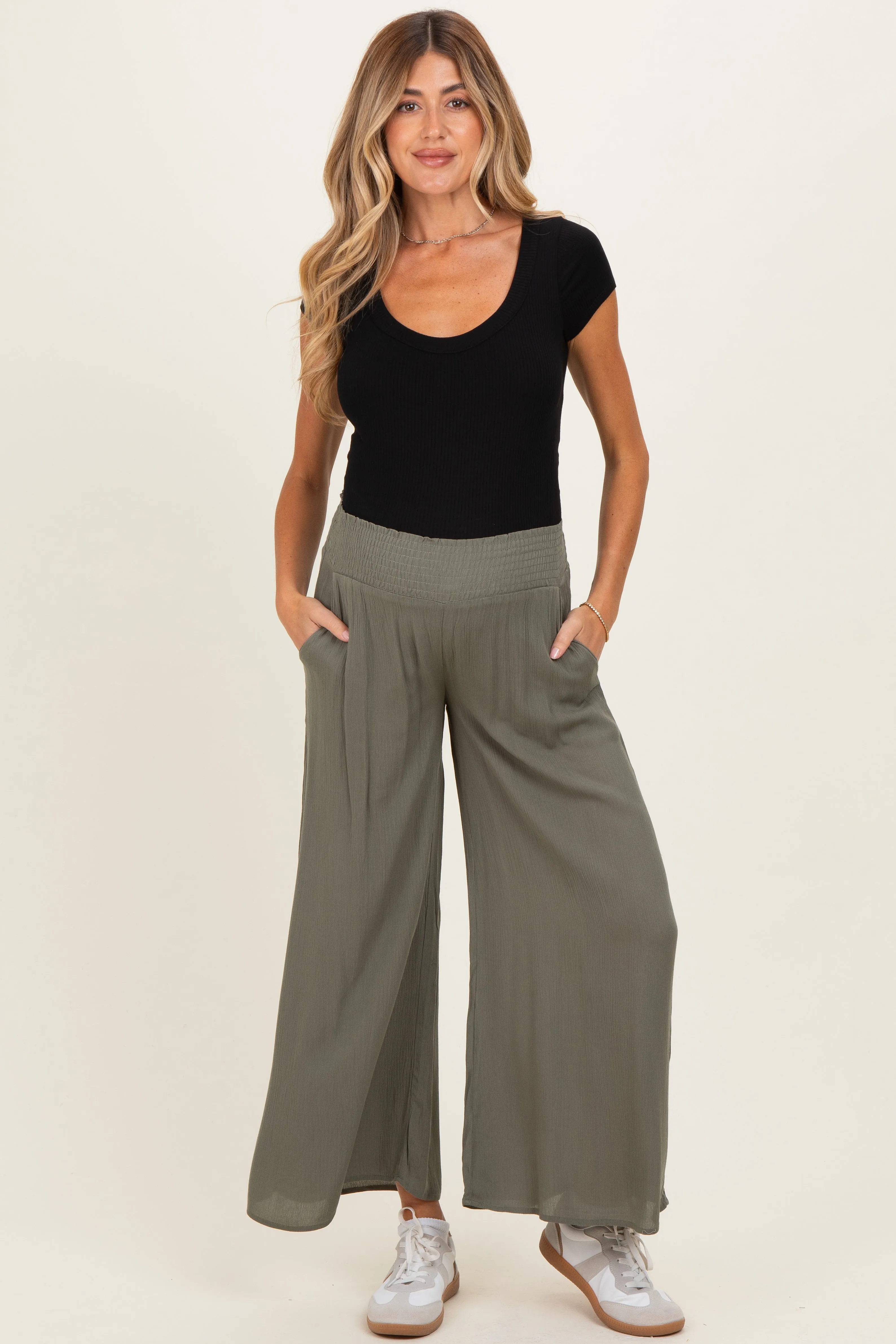 Olive Smocked Waist Ankle Wide Leg Maternity Pants sold by Pinkblush