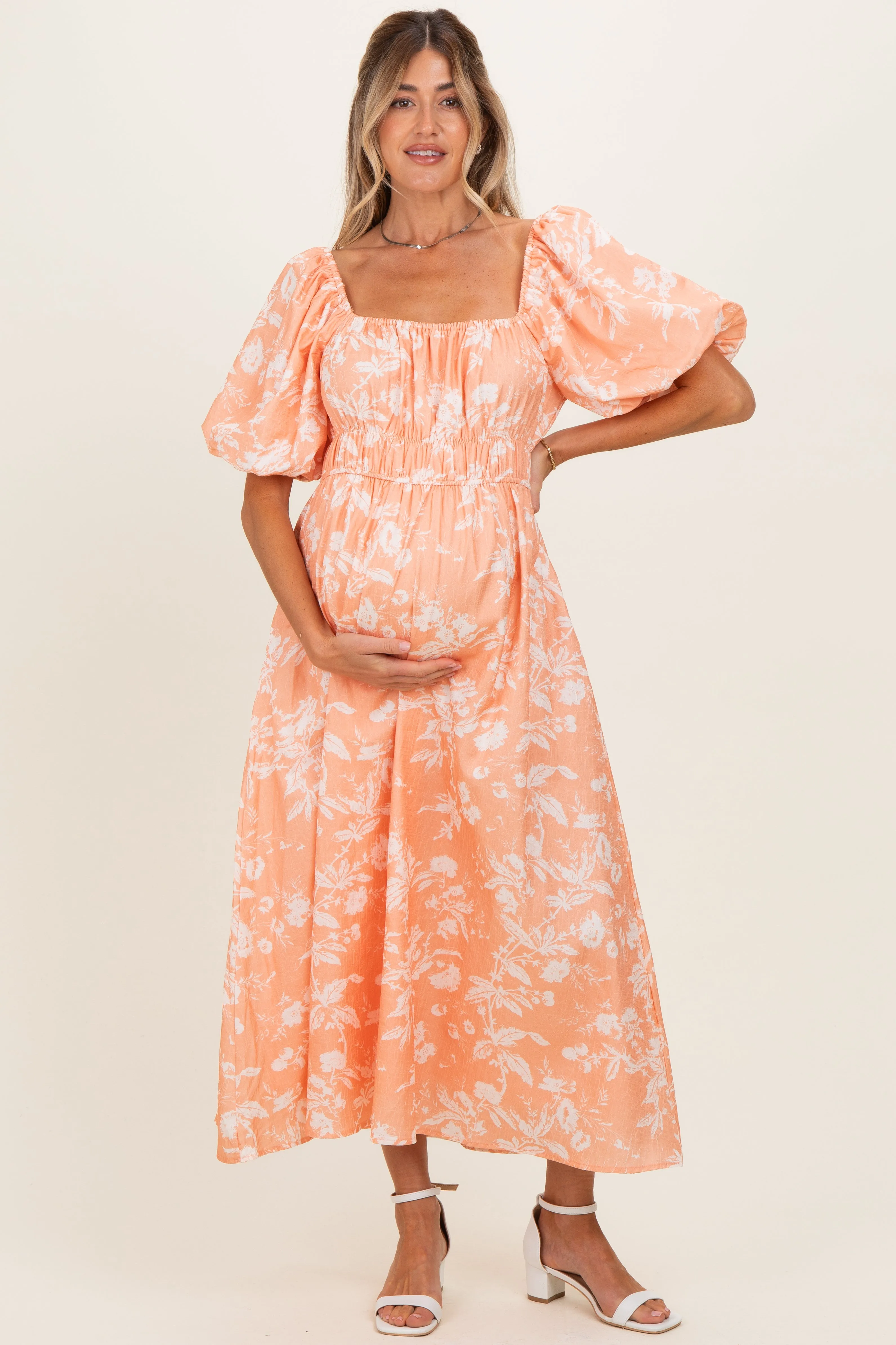Peach Floral Textured Puff Sleeve Maternity Midi Dress sold by Pinkblush product image thumbnail 2