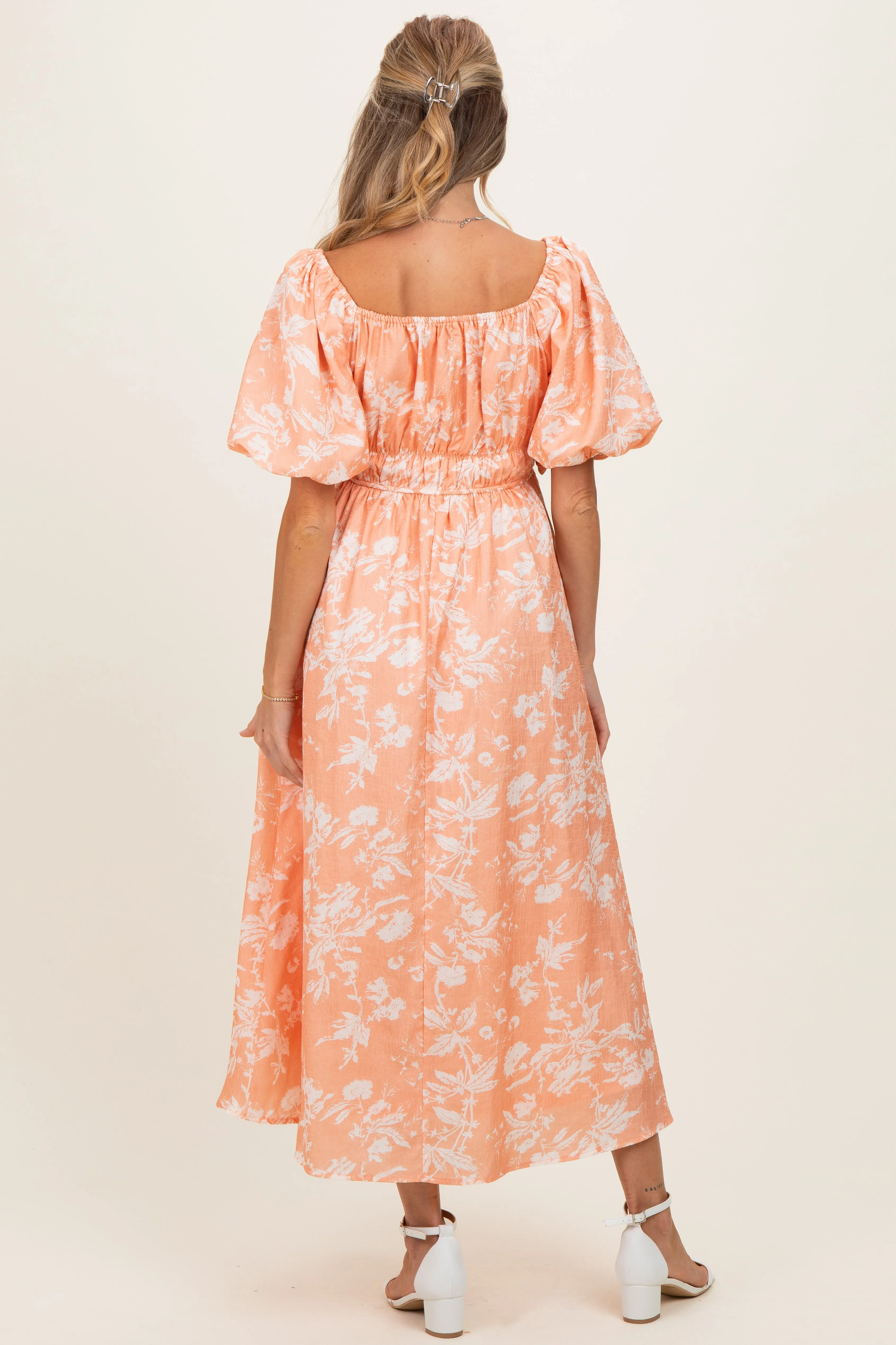 Peach Floral Textured Puff Sleeve Maternity Midi Dress sold by Pinkblush product image thumbnail 3