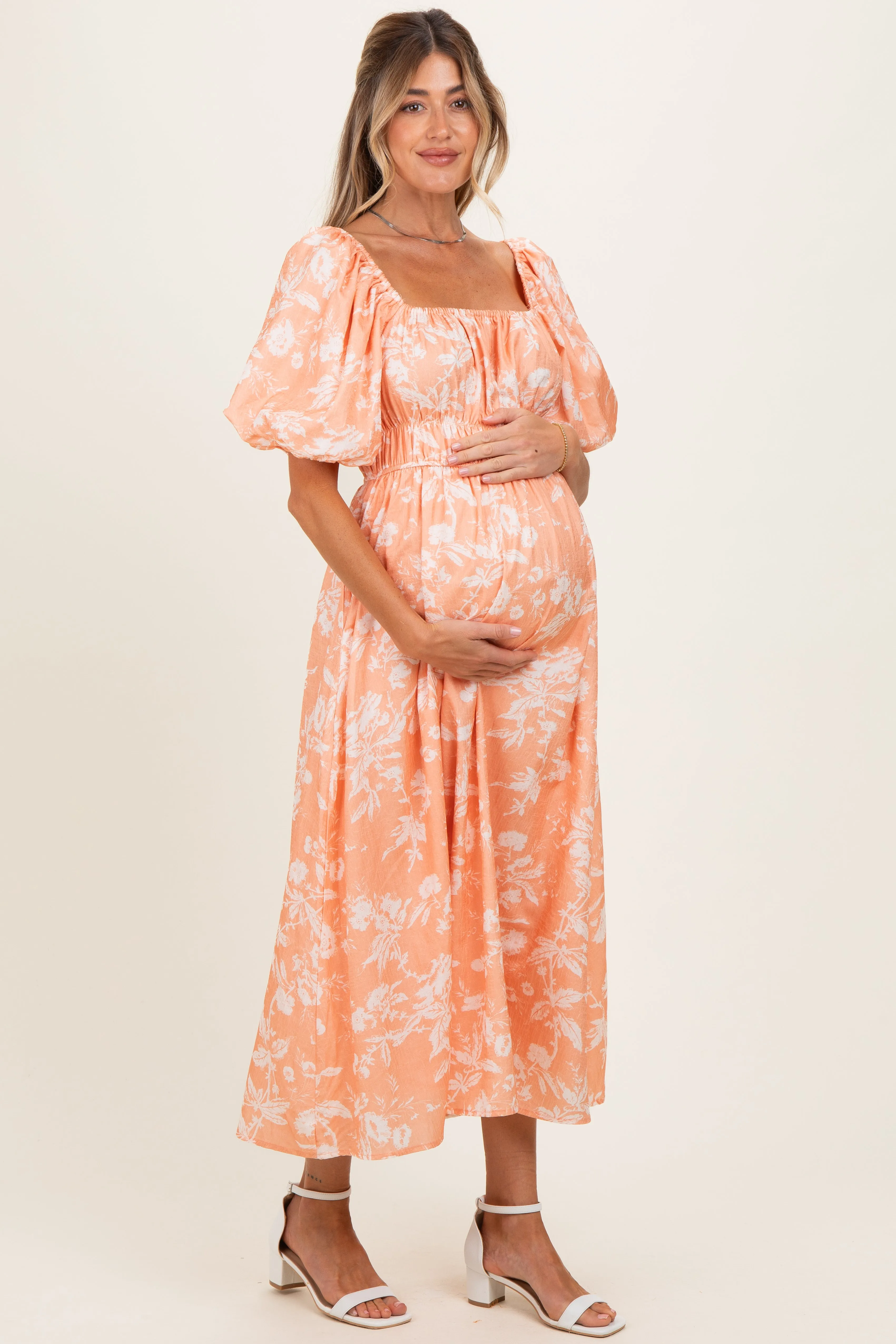 Peach Floral Textured Puff Sleeve Maternity Midi Dress sold by Pinkblush