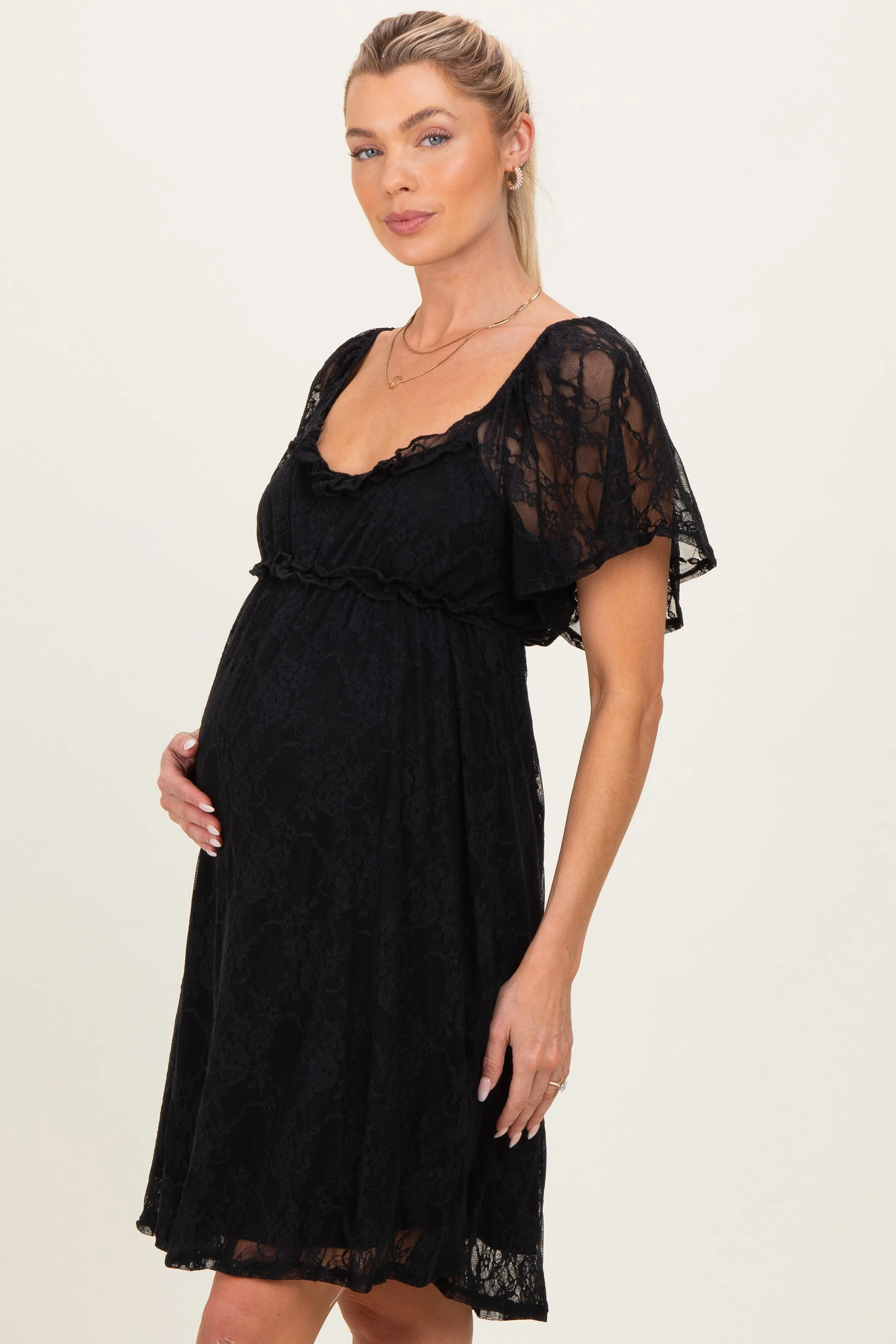 Black Floral Lace Square Neck Ruffle Trim Maternity Maxi Dress sold by Pinkblush product image thumbnail 3