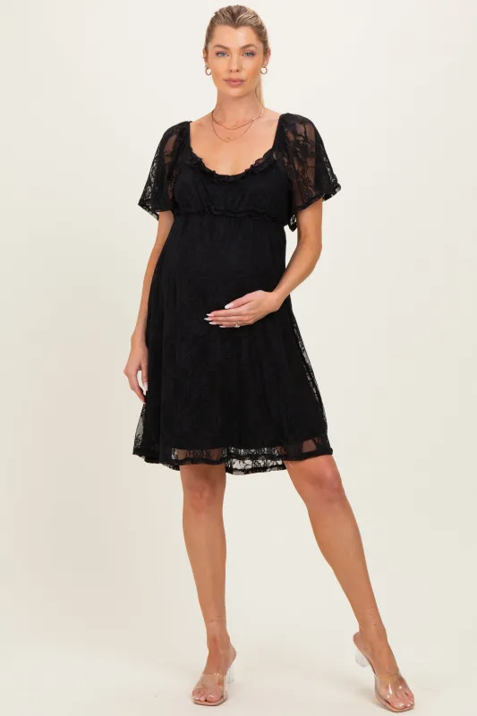 Black Floral Lace Square Neck Ruffle Trim Maternity Maxi Dress made by Pinkblush