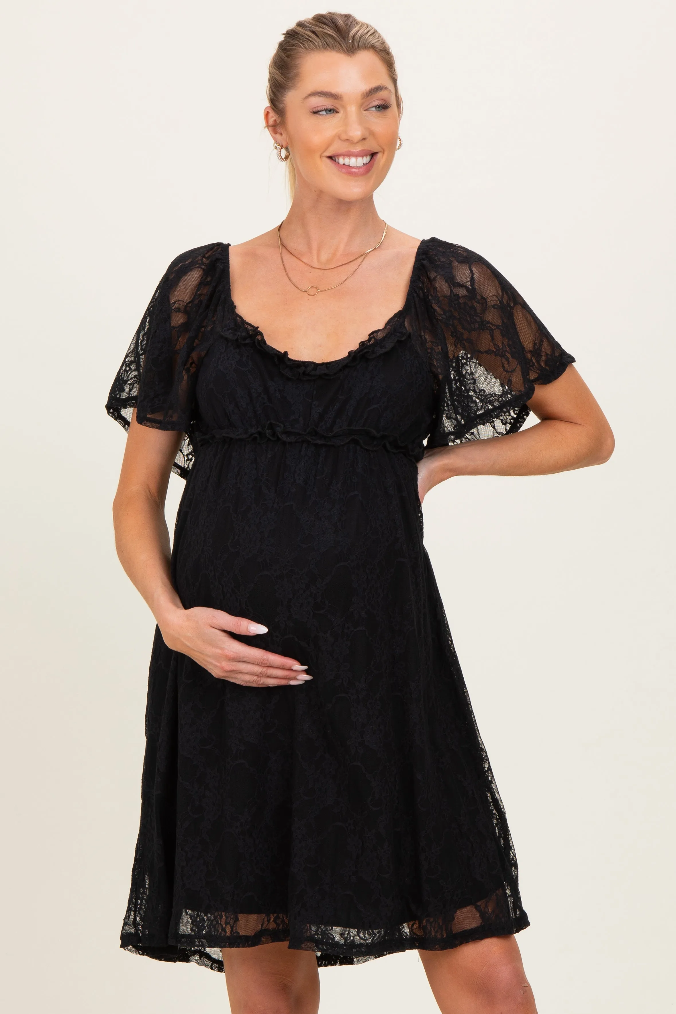 Black Floral Lace Square Neck Ruffle Trim Maternity Maxi Dress sold by Pinkblush product image thumbnail 2