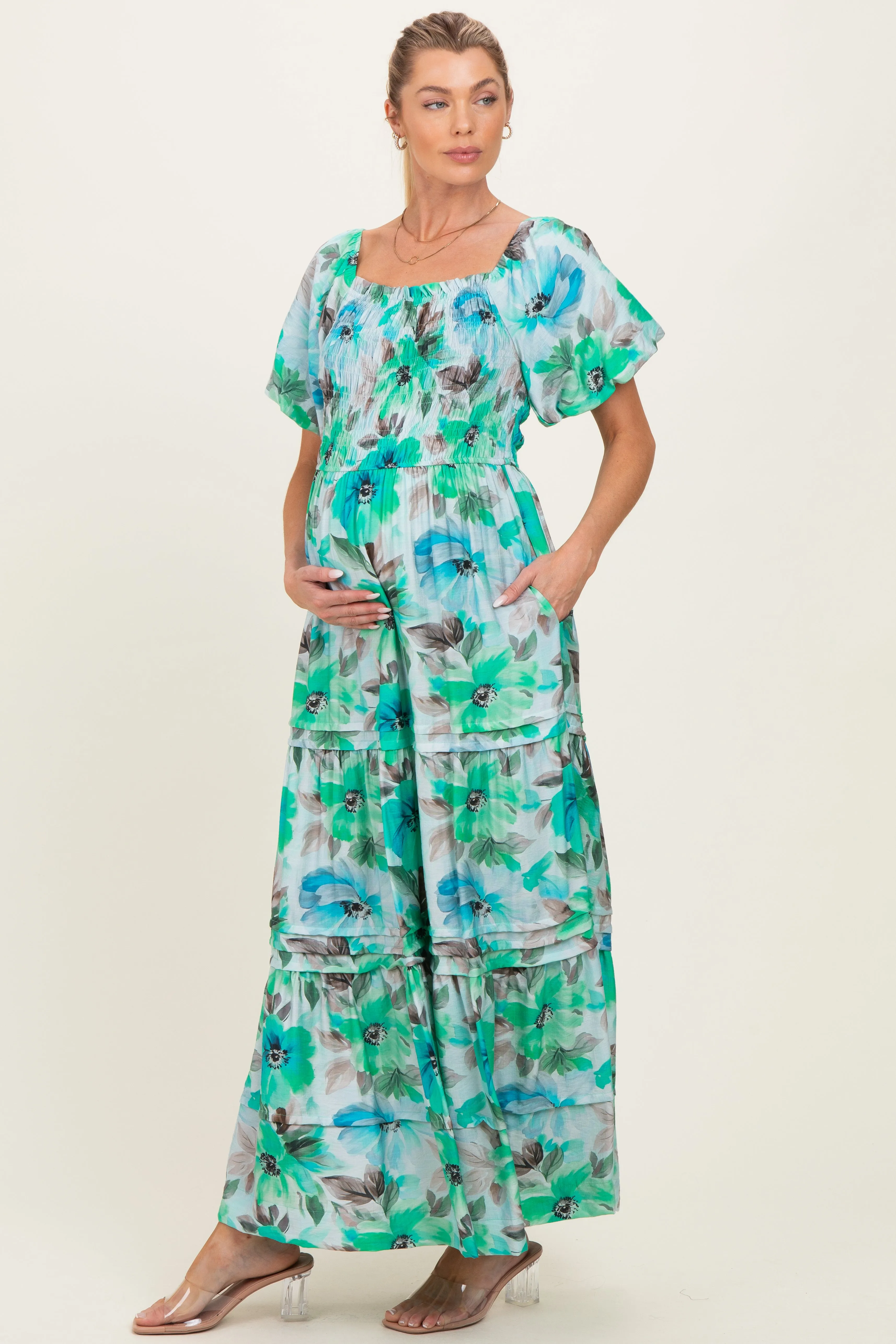 Emerald Green Floral Smocked Tiered Maternity Maxi Dress sold by Pinkblush product image thumbnail 2