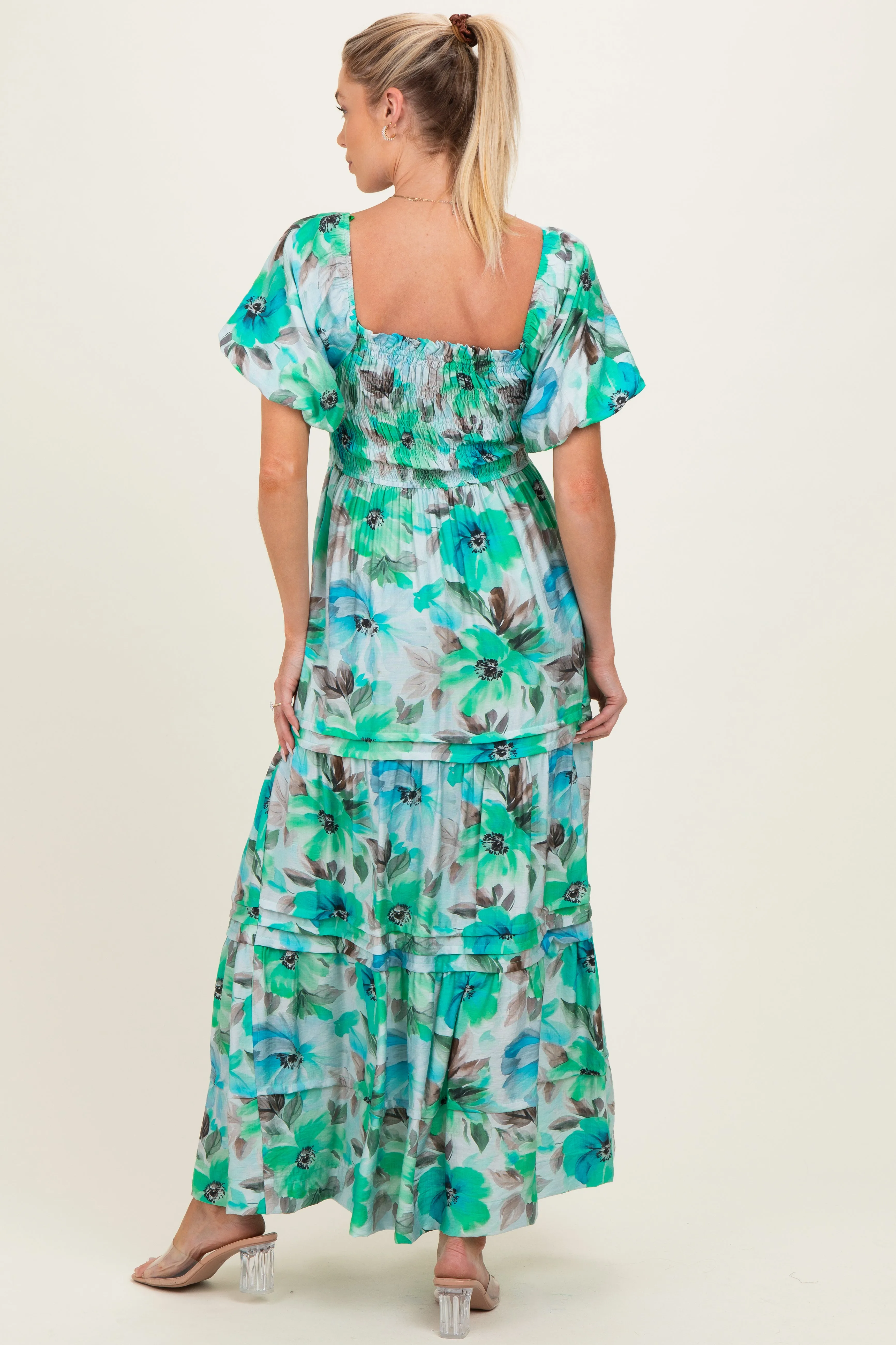 Emerald Green Floral Smocked Tiered Maternity Maxi Dress sold by Pinkblush product image thumbnail 3
