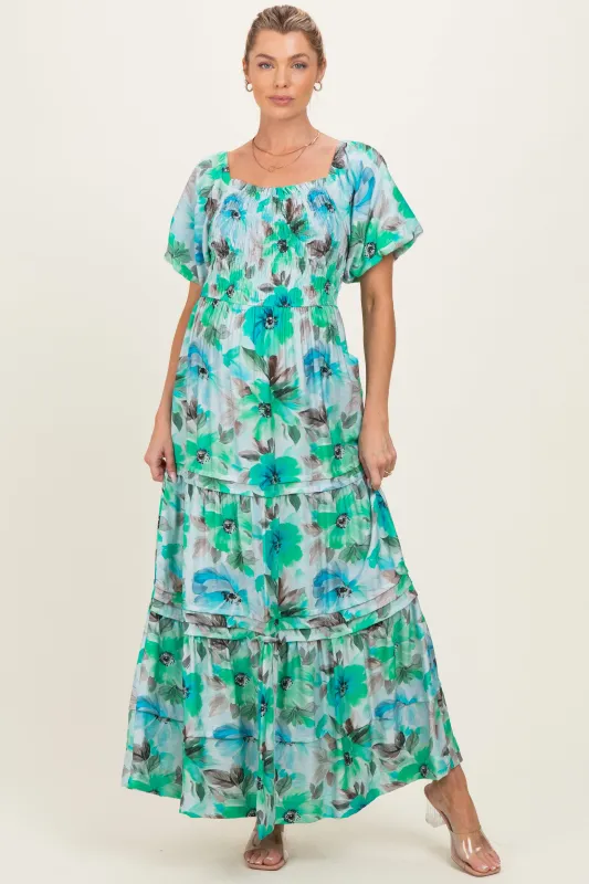 Emerald Green Floral Smocked Tiered Maternity Maxi Dress made by She and Sky