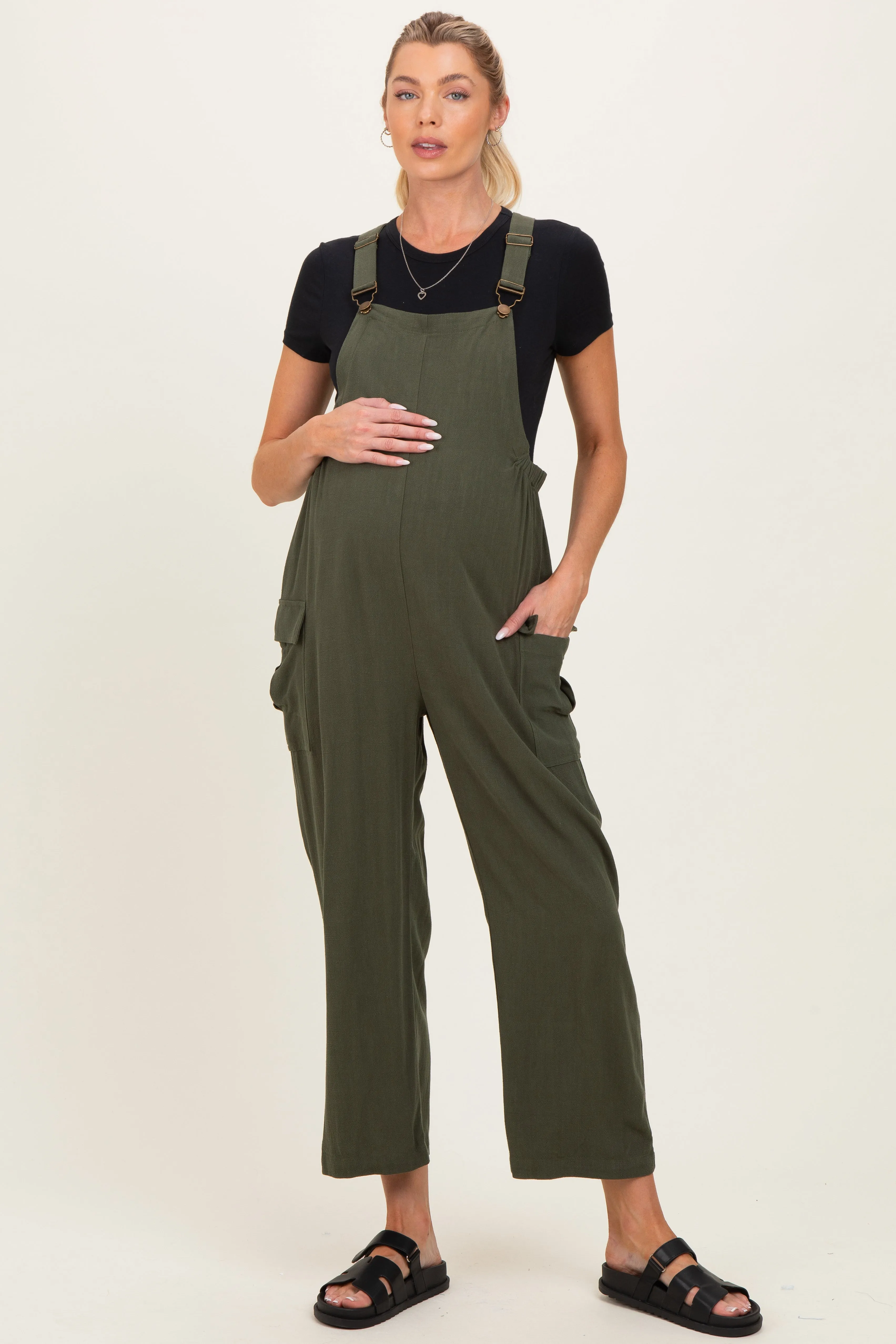 Olive Straight Leg Maternity Adjustable Overalls sold by Pinkblush
