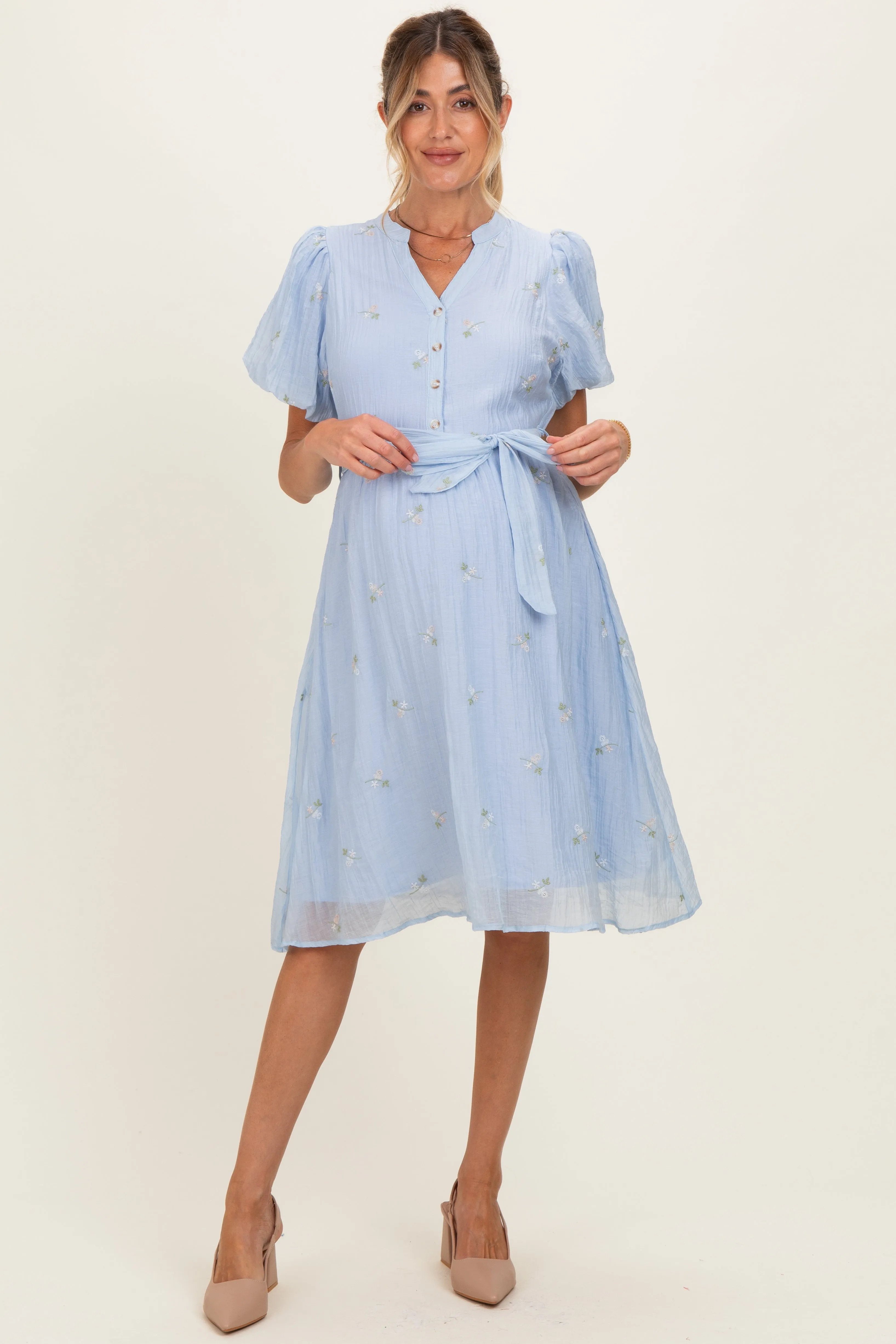 Blue Floral Embroidered Tie Waist Maternity Dress sold by Pinkblush
