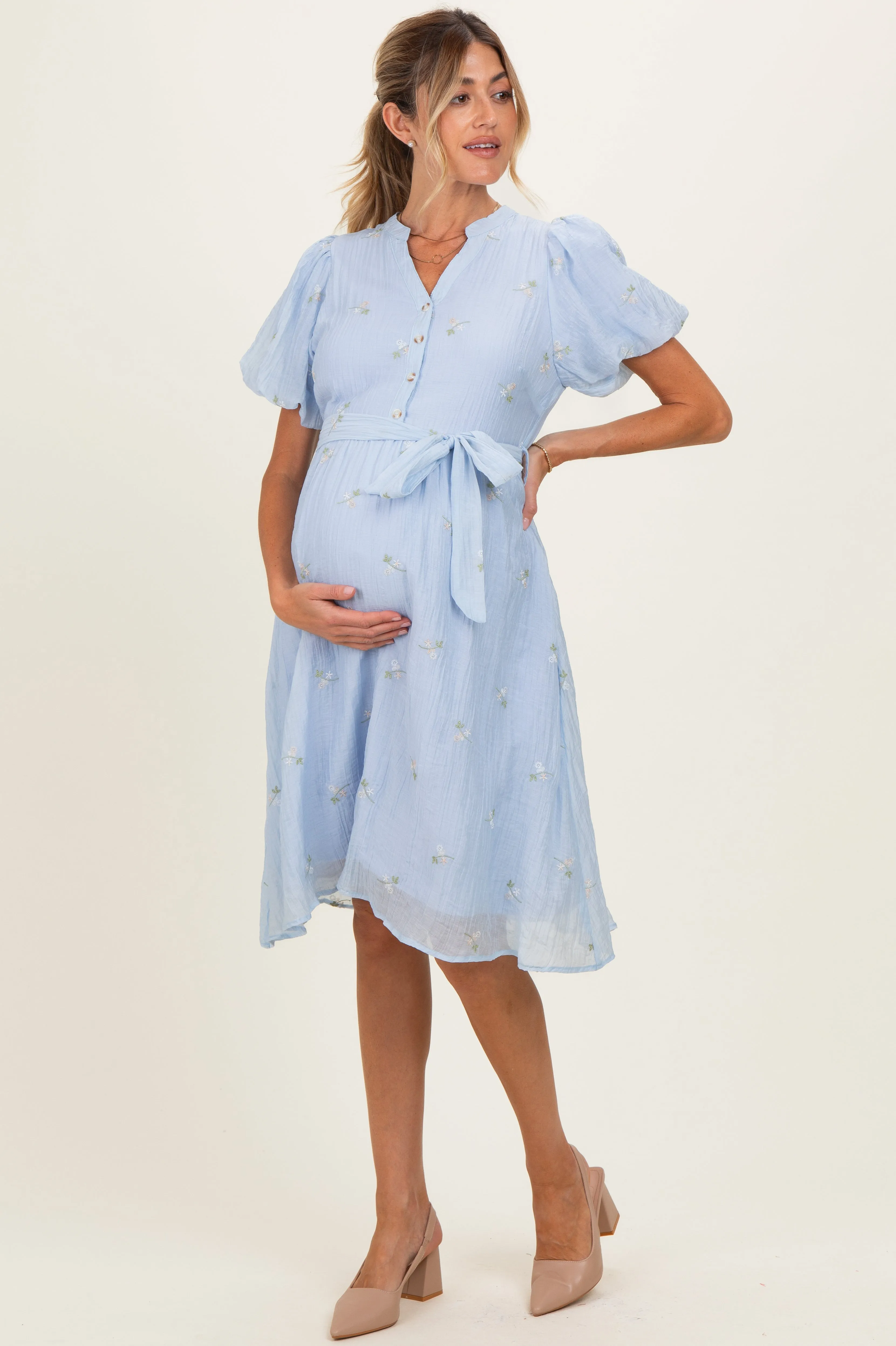 Blue Floral Embroidered Tie Waist Maternity Dress sold by Pinkblush product image thumbnail 2