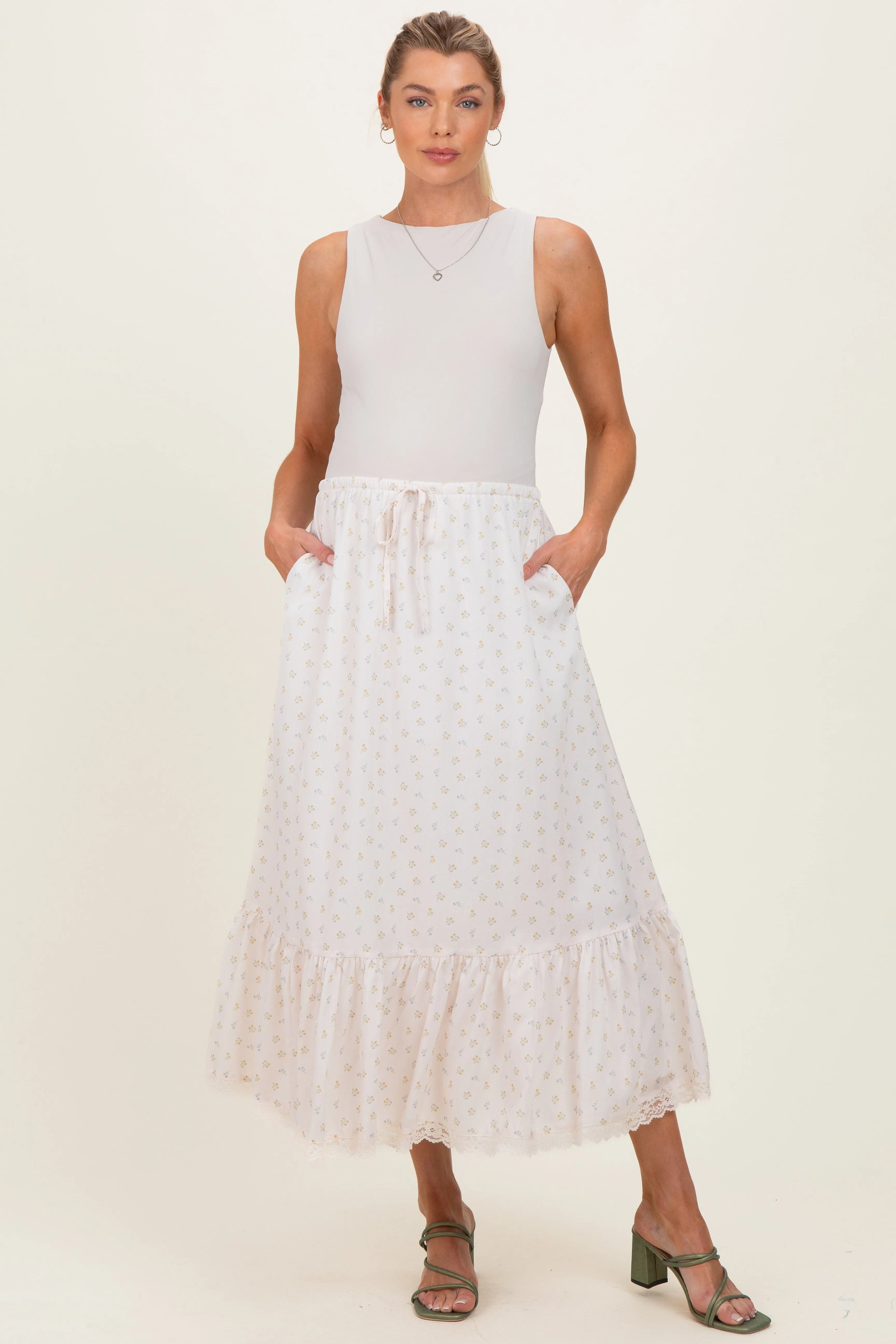 Ivory Print Lace Trim Maternity Midi Skirt sold by Pinkblush product image thumbnail 2