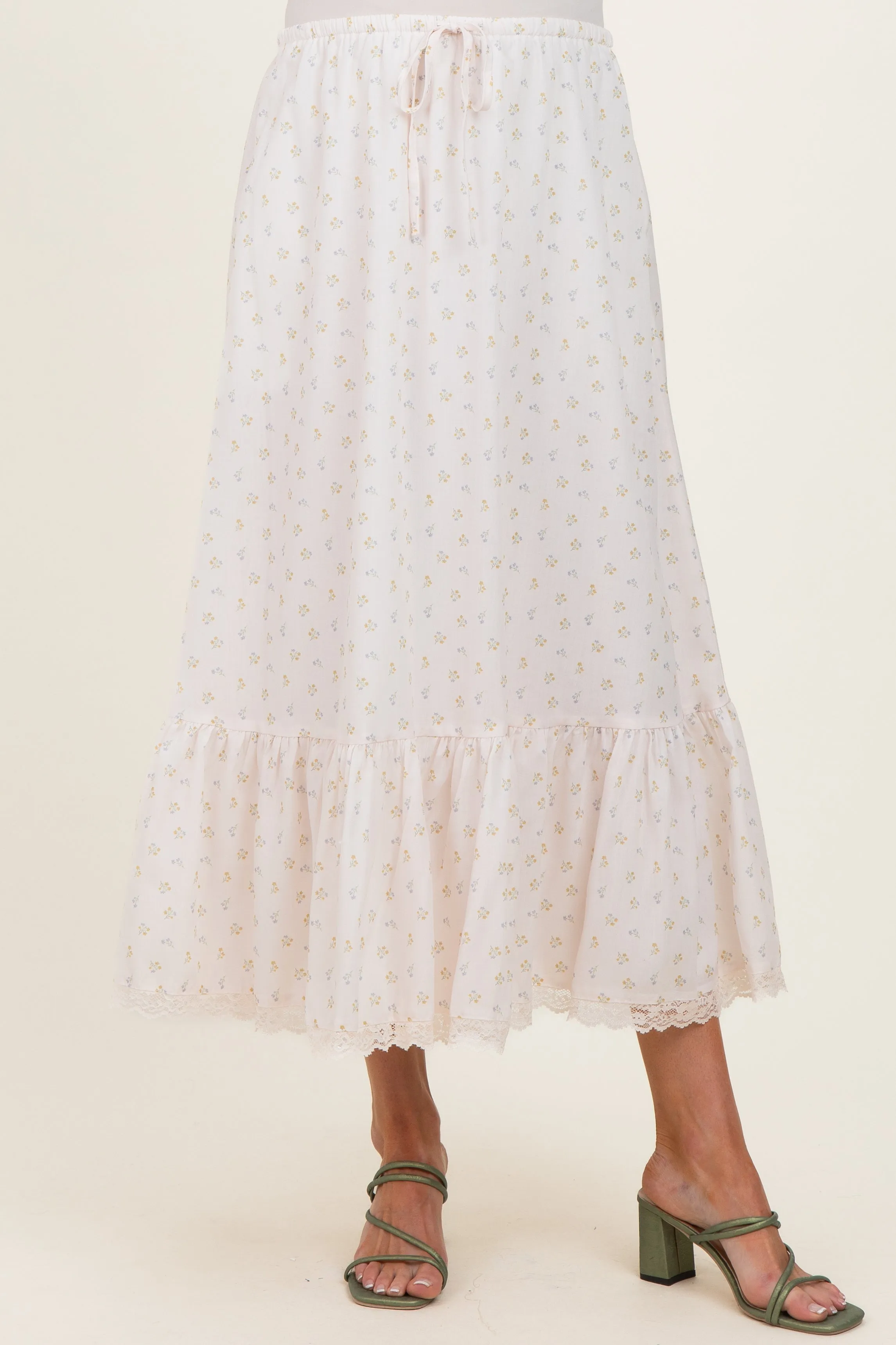 Ivory Print Lace Trim Maternity Midi Skirt sold by Pinkblush