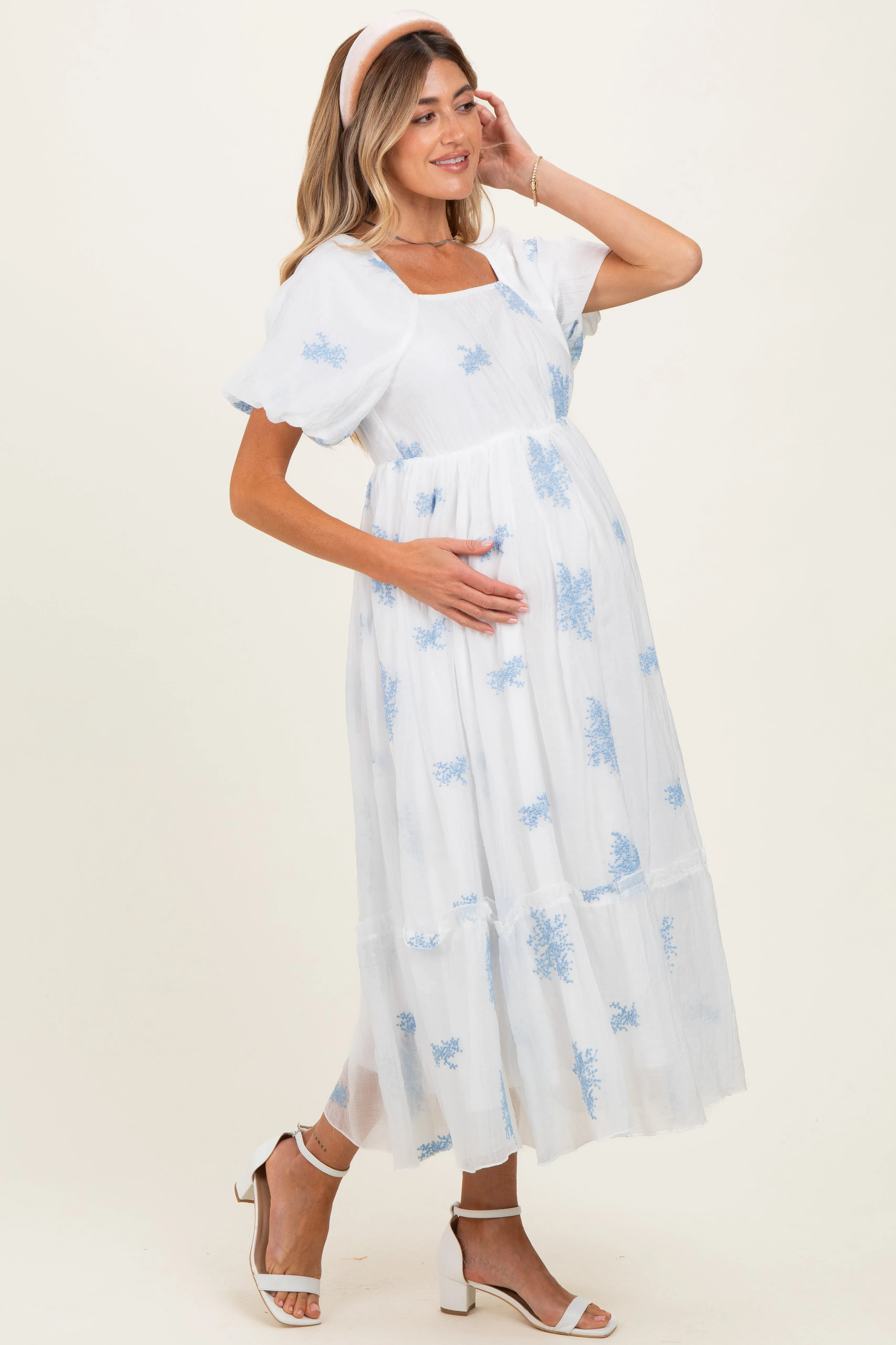 Ivory Floral Print Ruffle Hem Maternity Midi Dress sold by Pinkblush product image thumbnail 2