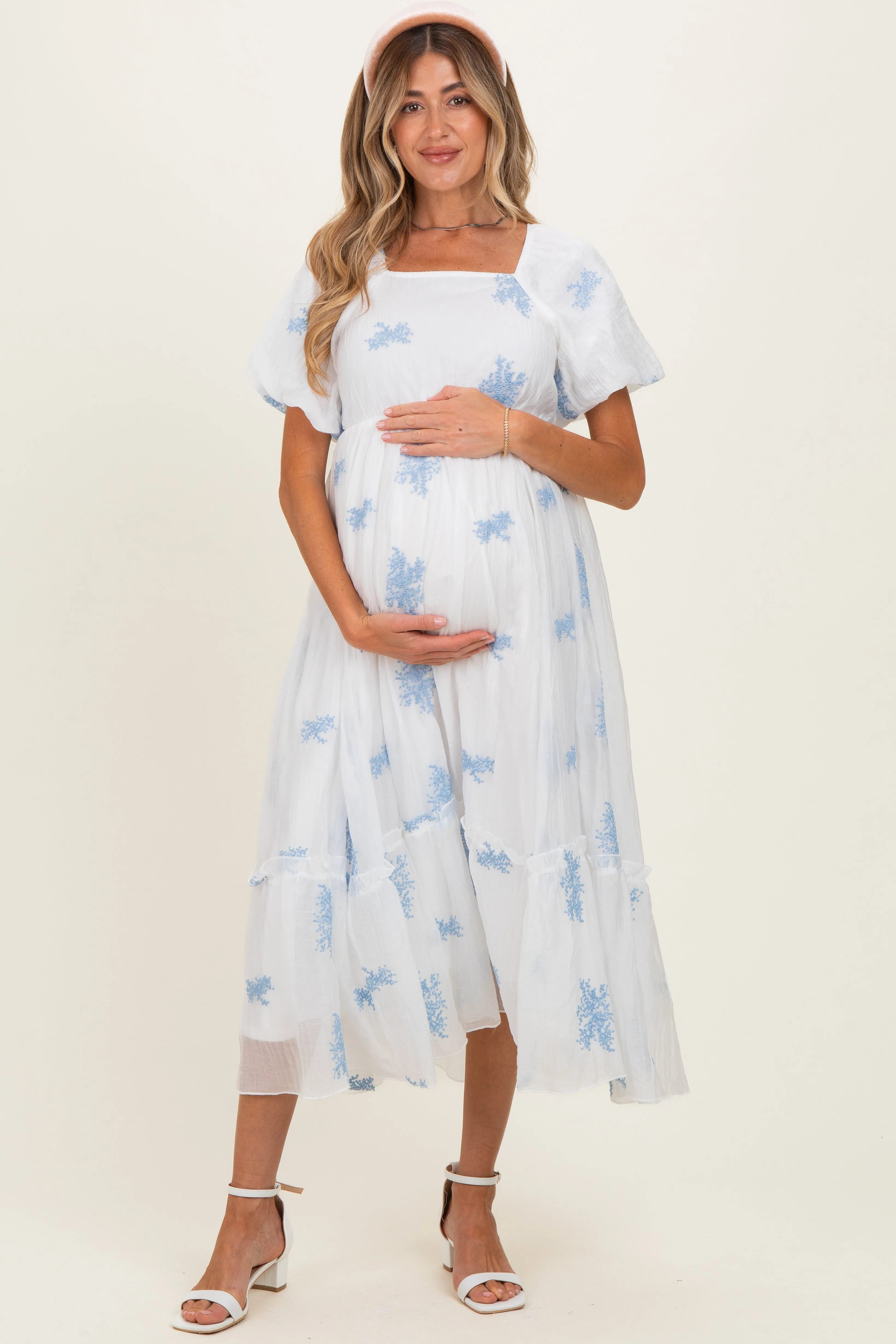 Ivory Floral Print Ruffle Hem Maternity Midi Dress sold by Pinkblush