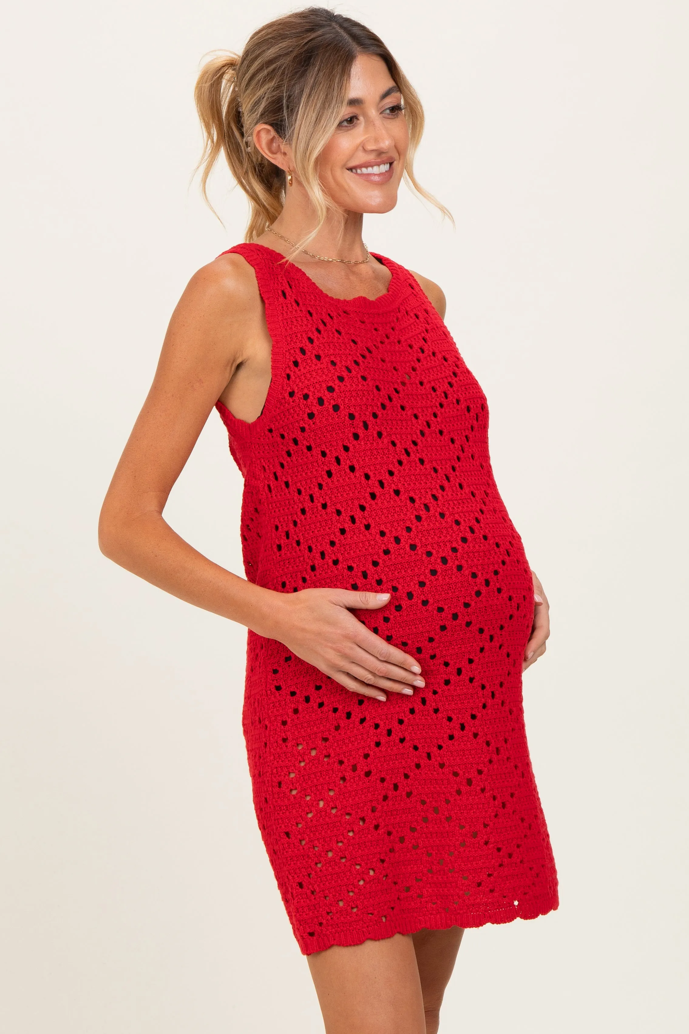 Red Boat Neck Sleeveless Crochet Maternity Dress sold by Pinkblush product image thumbnail 3