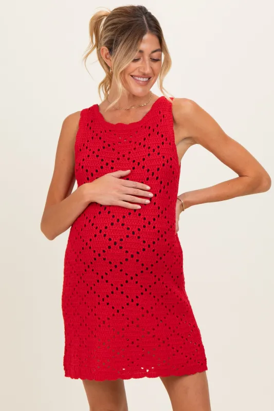 Red Boat Neck Sleeveless Crochet Maternity Dress made by Le Lis
