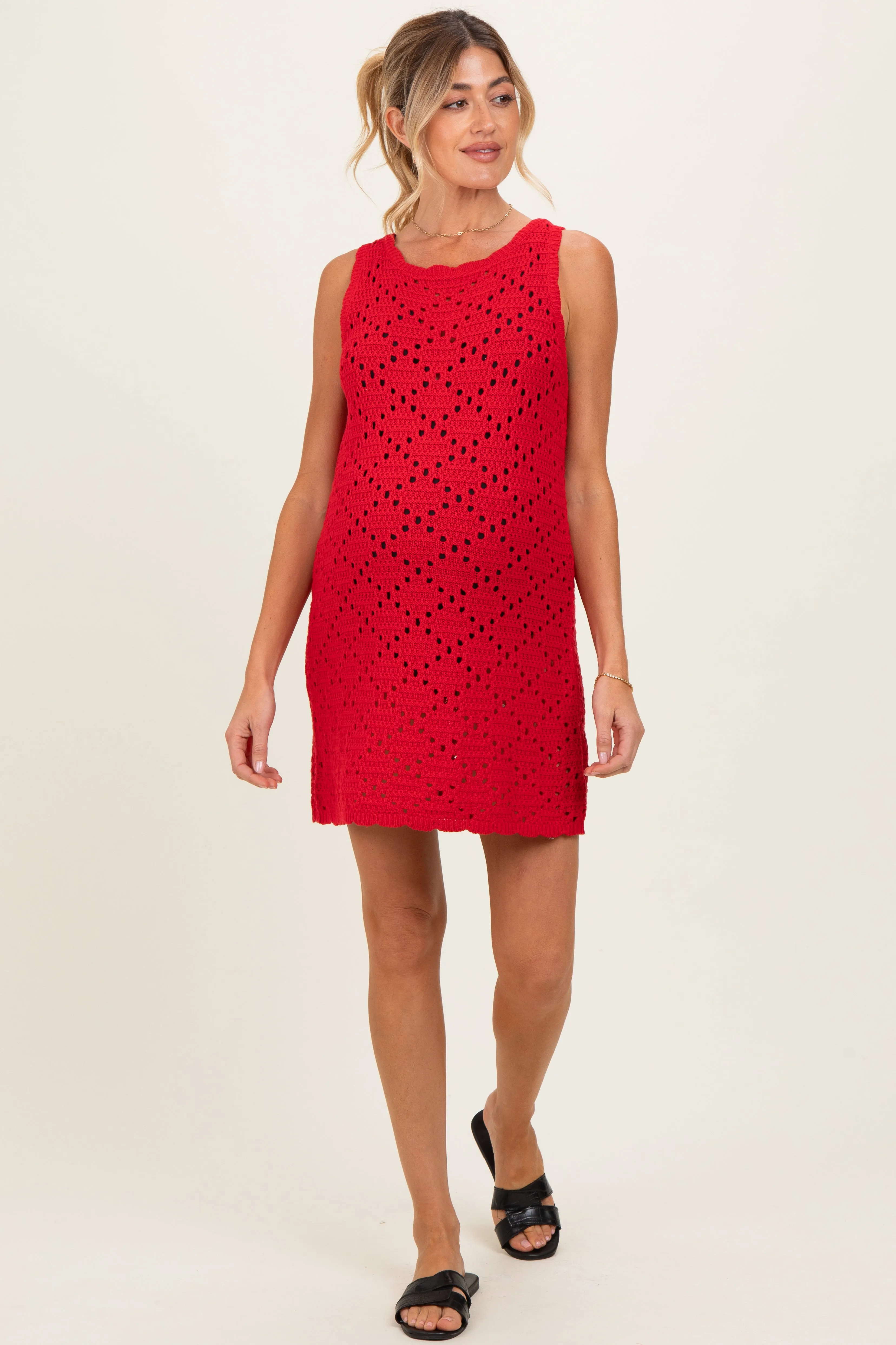 Red Boat Neck Sleeveless Crochet Maternity Dress sold by Pinkblush product image thumbnail 2