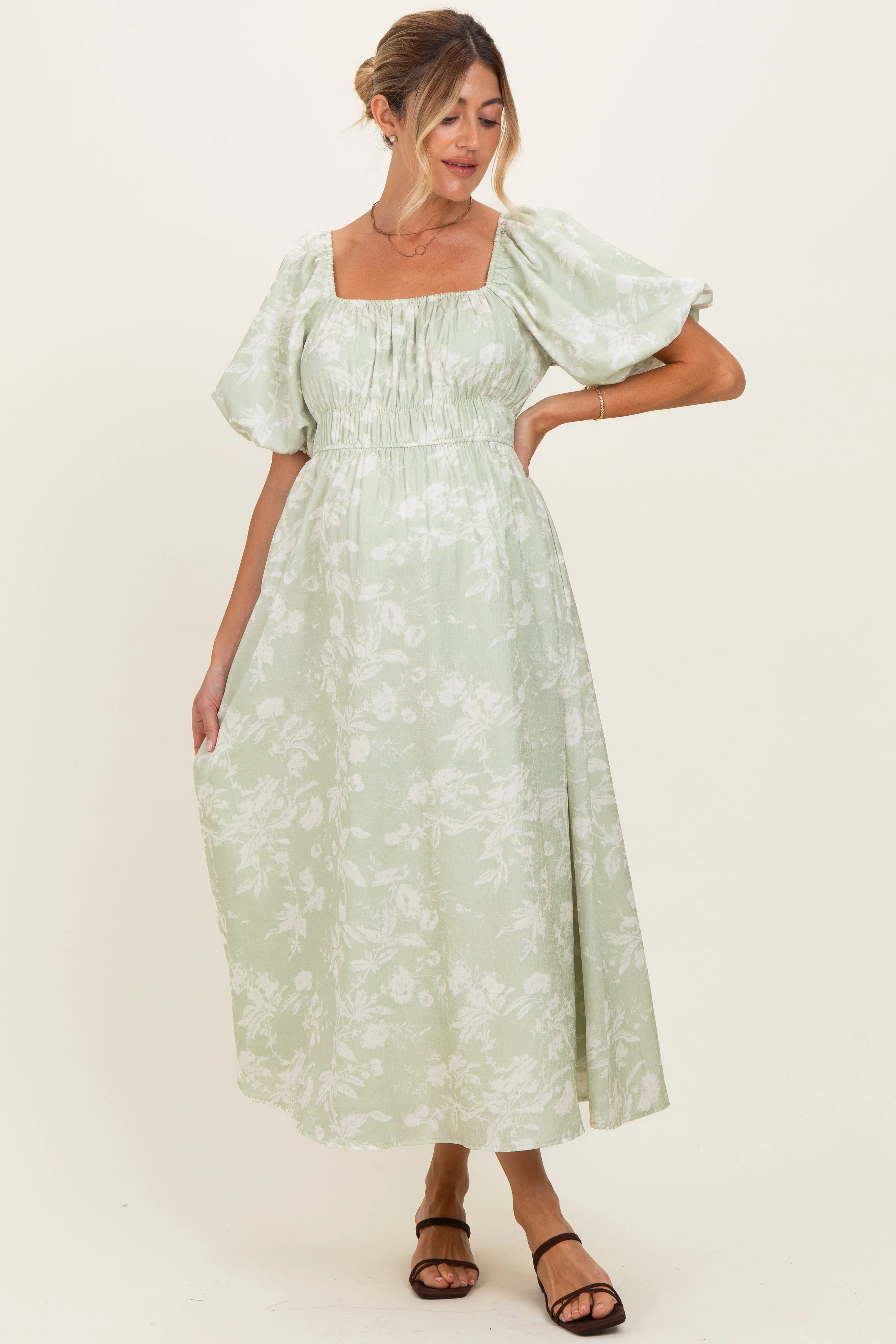 Sage Puff Sleeve Smocked Waist Maternity Midi Dress sold by Pinkblush product image thumbnail 2