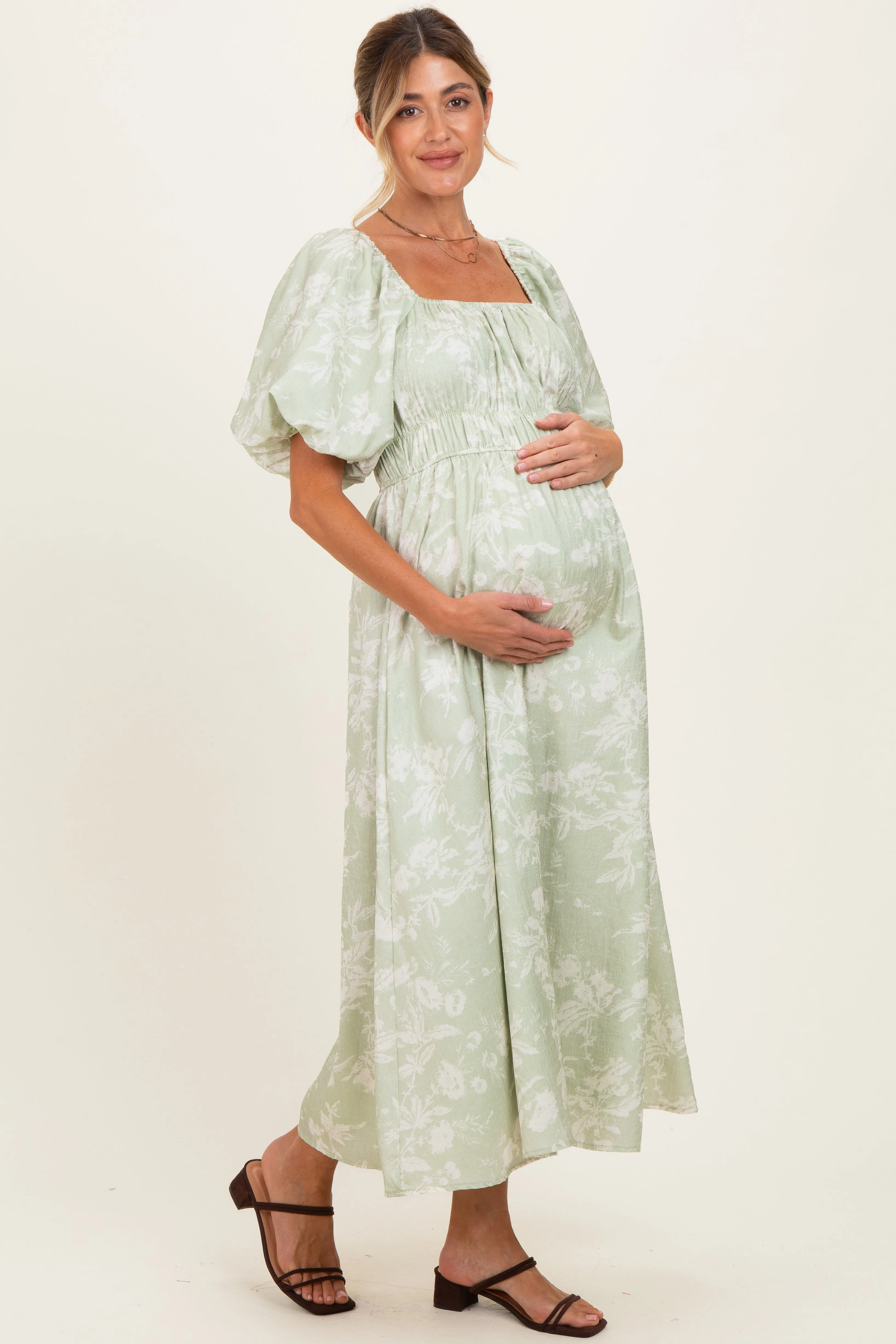 Sage Puff Sleeve Smocked Waist Maternity Midi Dress sold by Pinkblush product image thumbnail 3