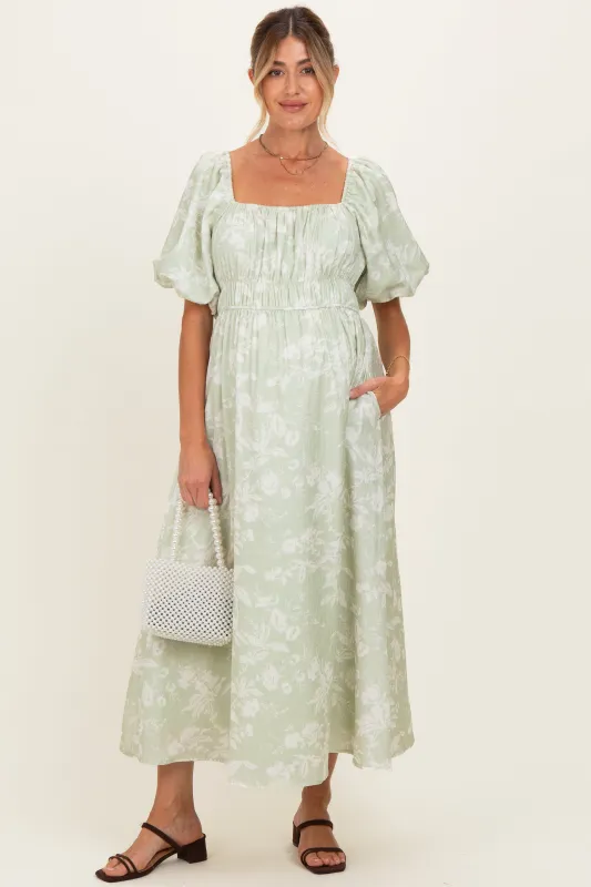 Sage Puff Sleeve Smocked Waist Maternity Midi Dress made by Polagram
