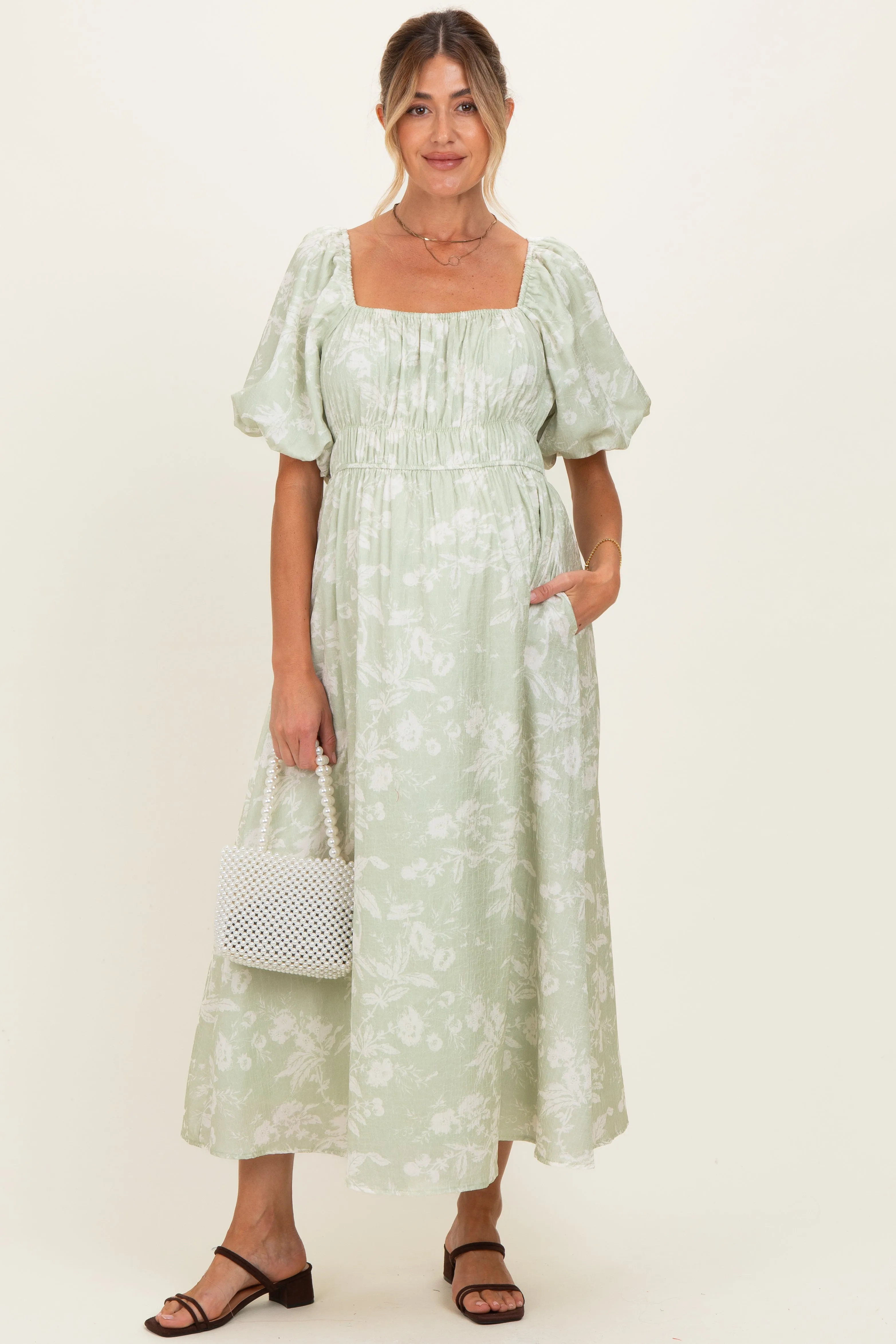 Sage Puff Sleeve Smocked Waist Maternity Midi Dress sold by Pinkblush