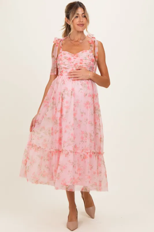 Pink Multi Floral Shirred Bodice Sleeveless Maternity Midi Dress made by Pinkblush