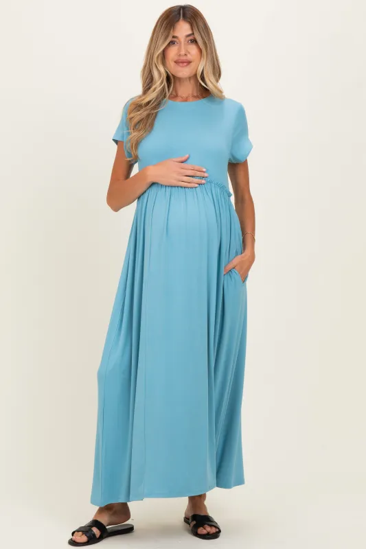 Capri Blue Ruffle Trim Maternity Maxi Dress made by Pinkblush