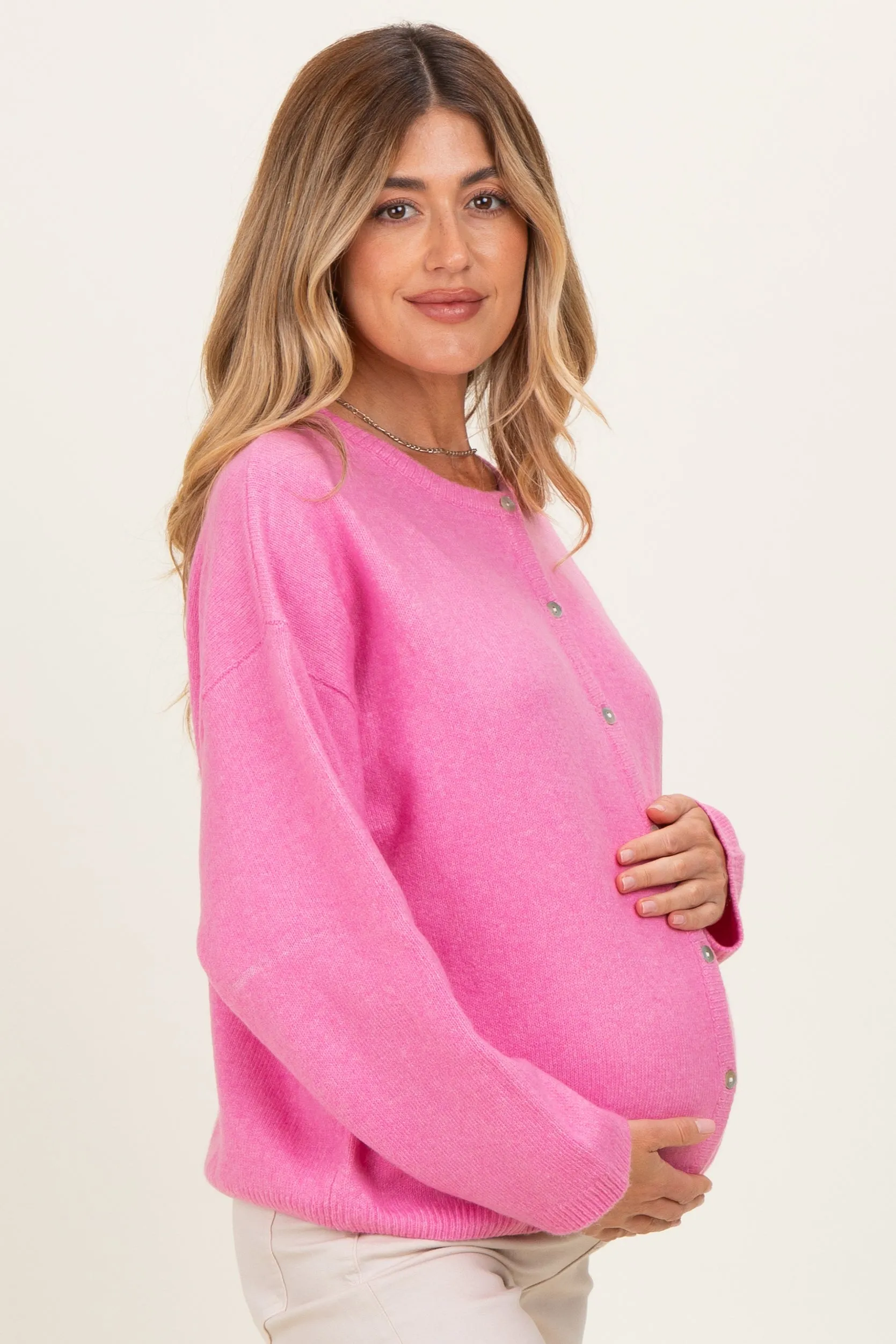 Hot Pink Classic Crew Neck Maternity Button Cardigan sold by Pinkblush product image thumbnail 3