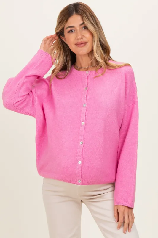 Hot Pink Classic Crew Neck Maternity Button Cardigan made by Le Lis
