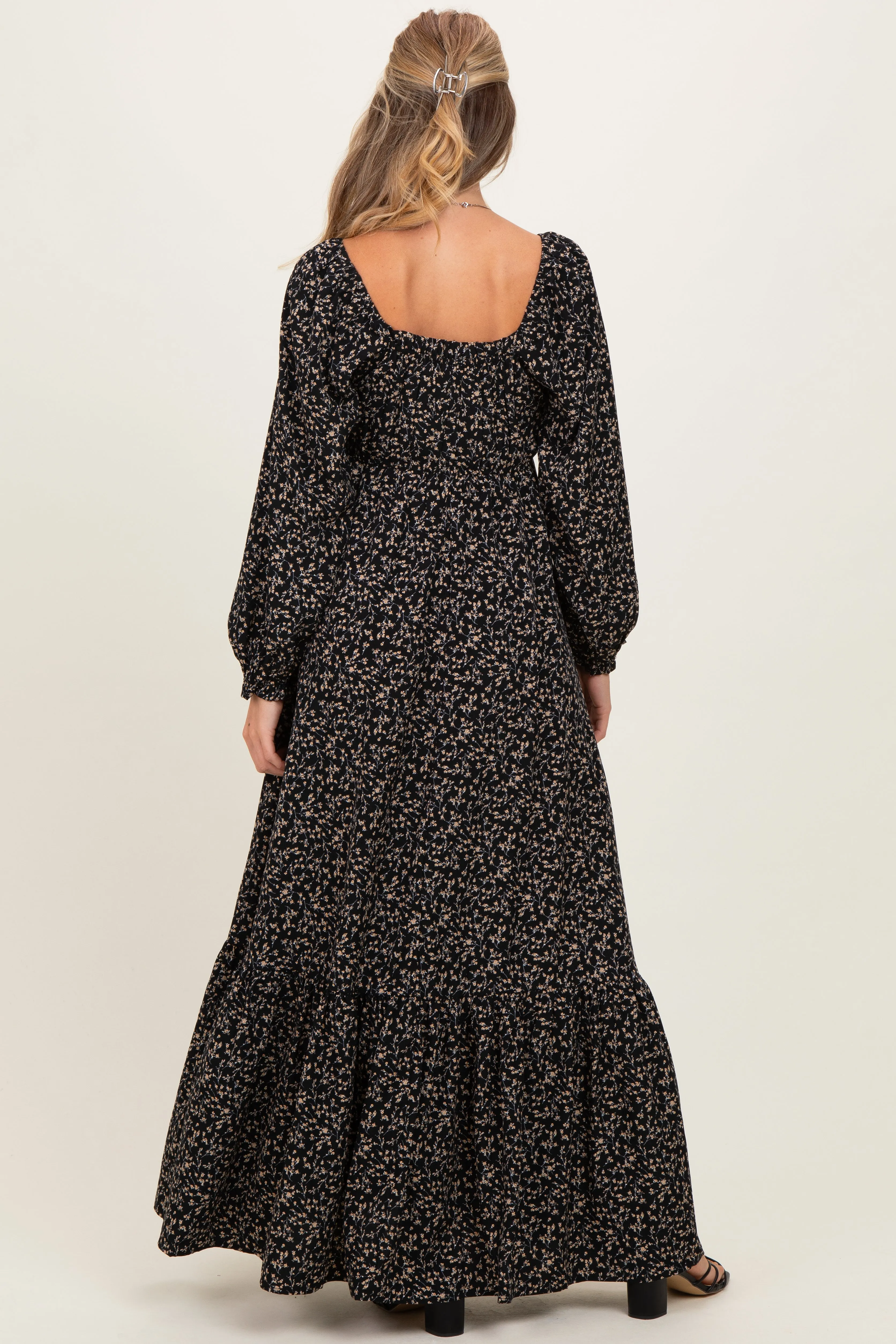 Black Floral Button Accent Long Sleeve Maternity Maxi Dress sold by Pinkblush product image thumbnail 3