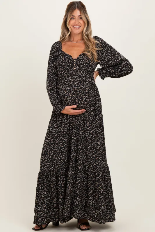 Black Floral Button Accent Long Sleeve Maternity Maxi Dress made by Pinkblush