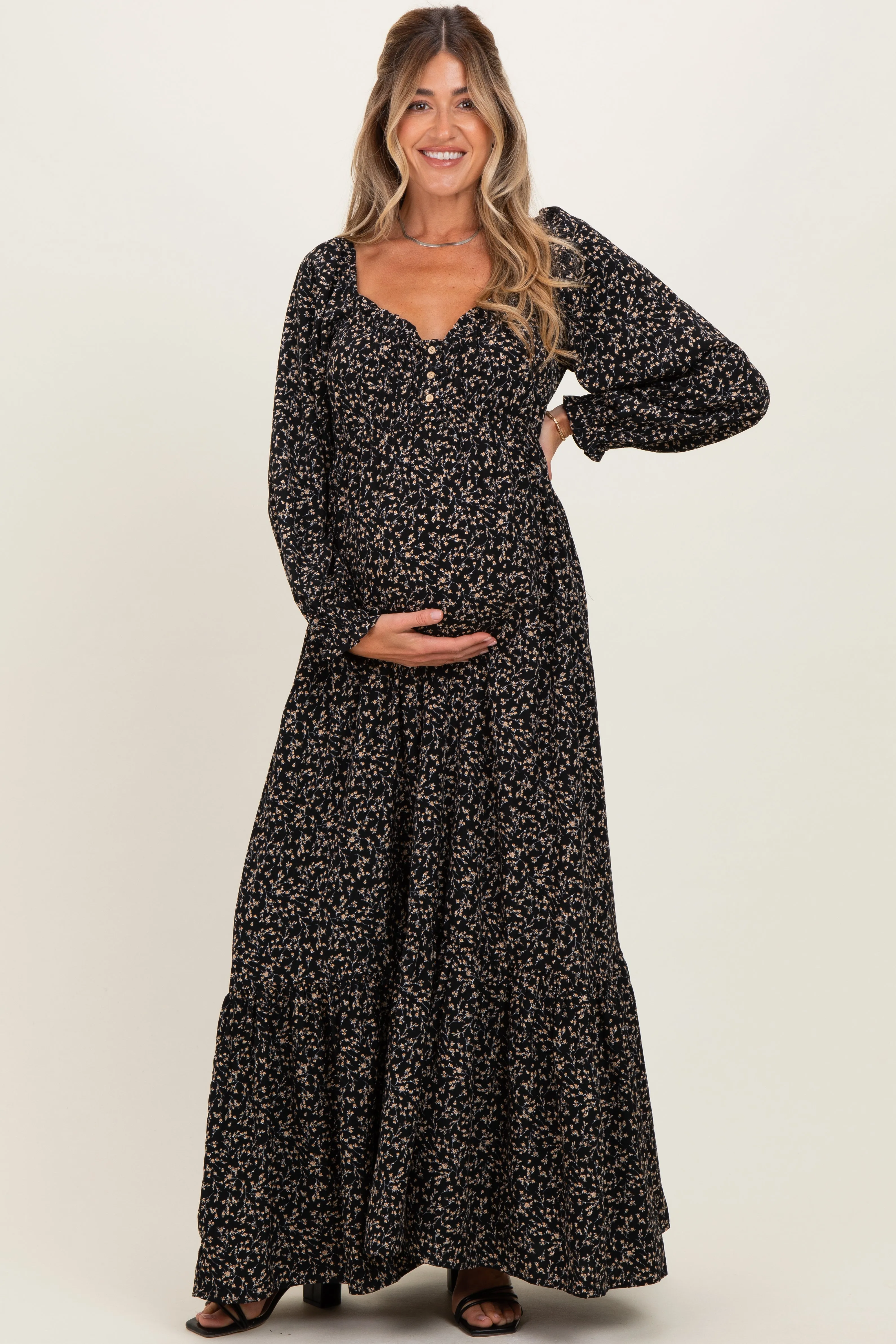 Black Floral Button Accent Long Sleeve Maternity Maxi Dress sold by Pinkblush