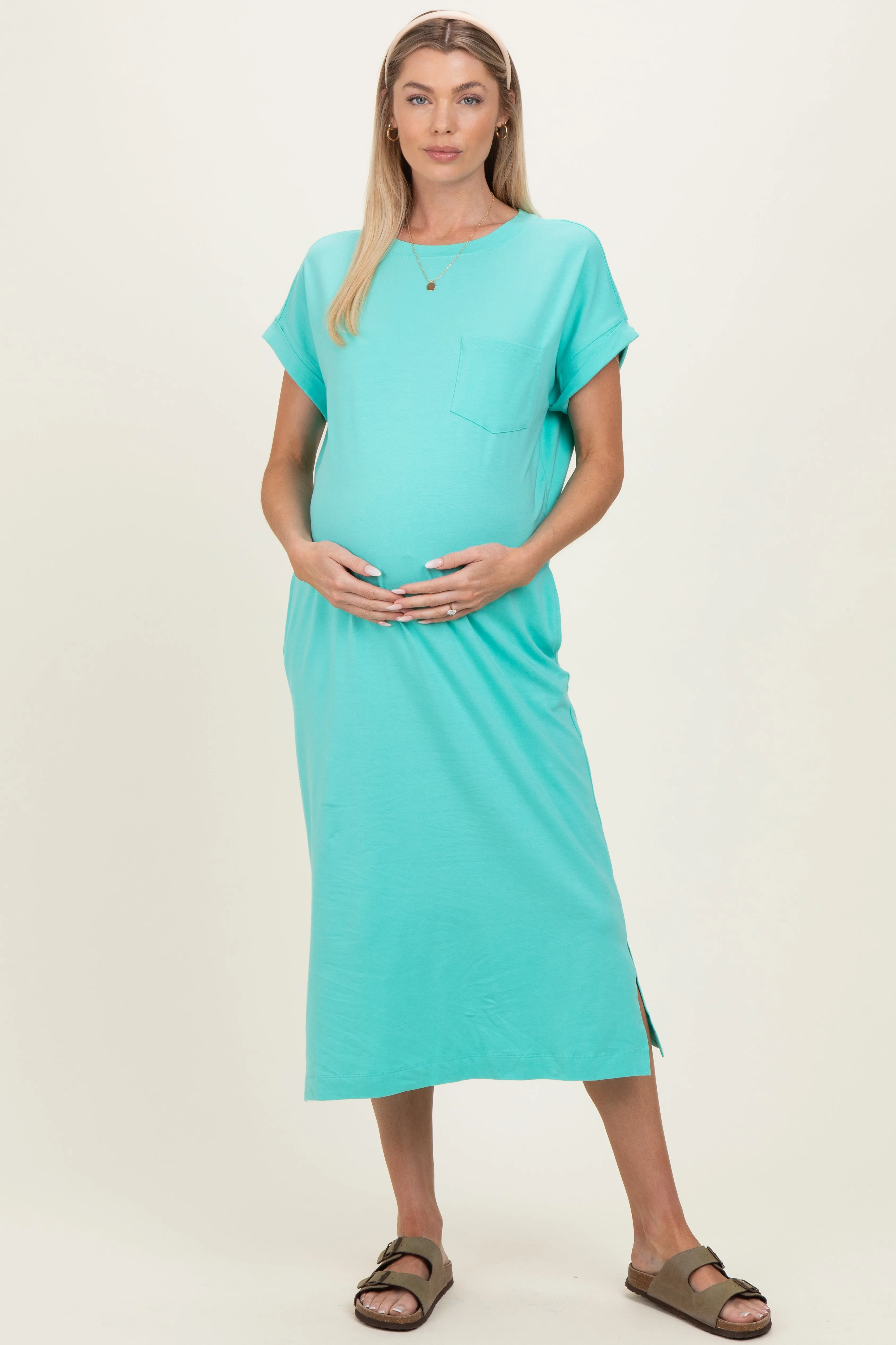 Mint Pocket Front Maternity Midi T-Shirt Dress sold by Pinkblush