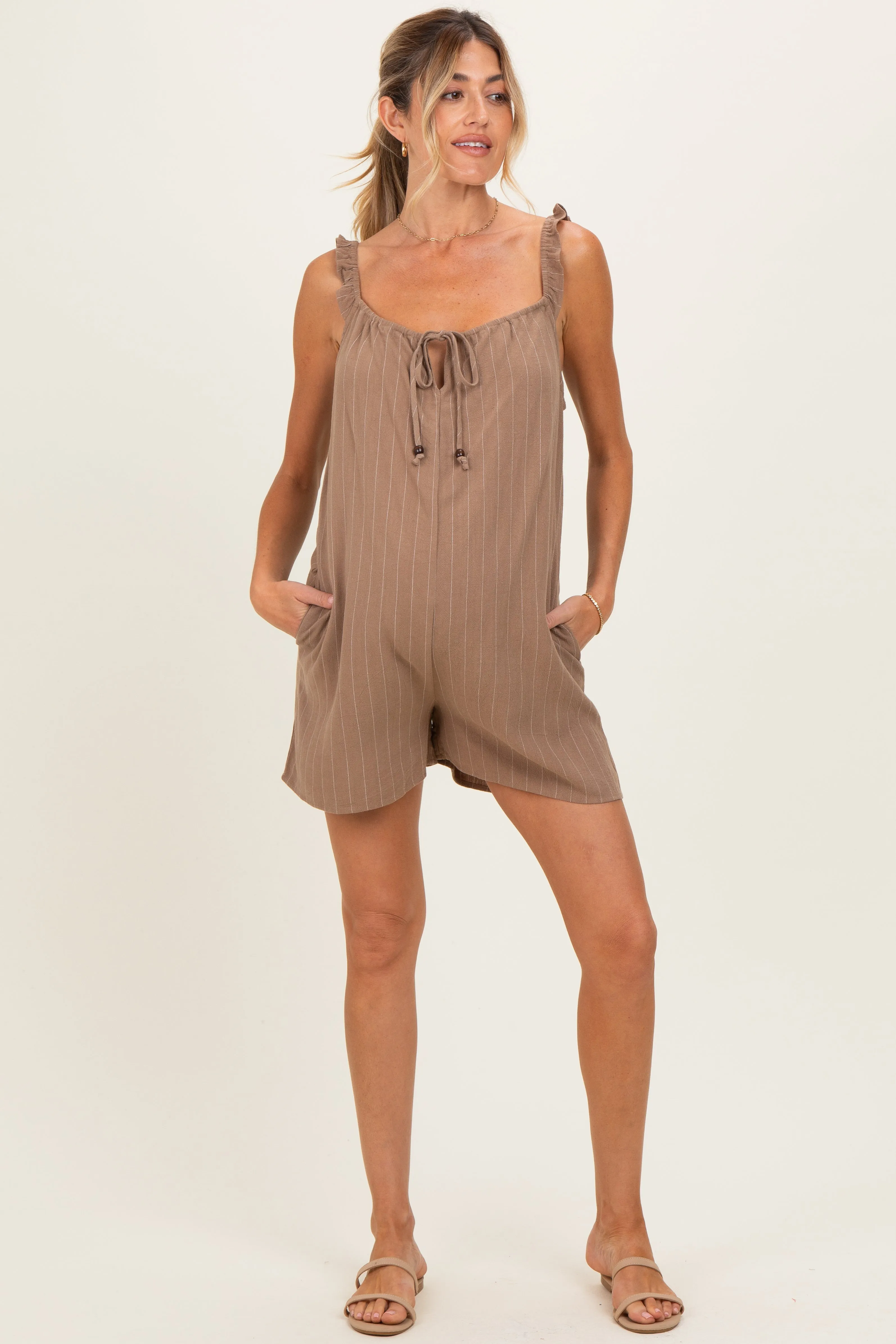 Mocha Stripe Front Tie Linen Blend Maternity Romper sold by Pinkblush product image thumbnail 3
