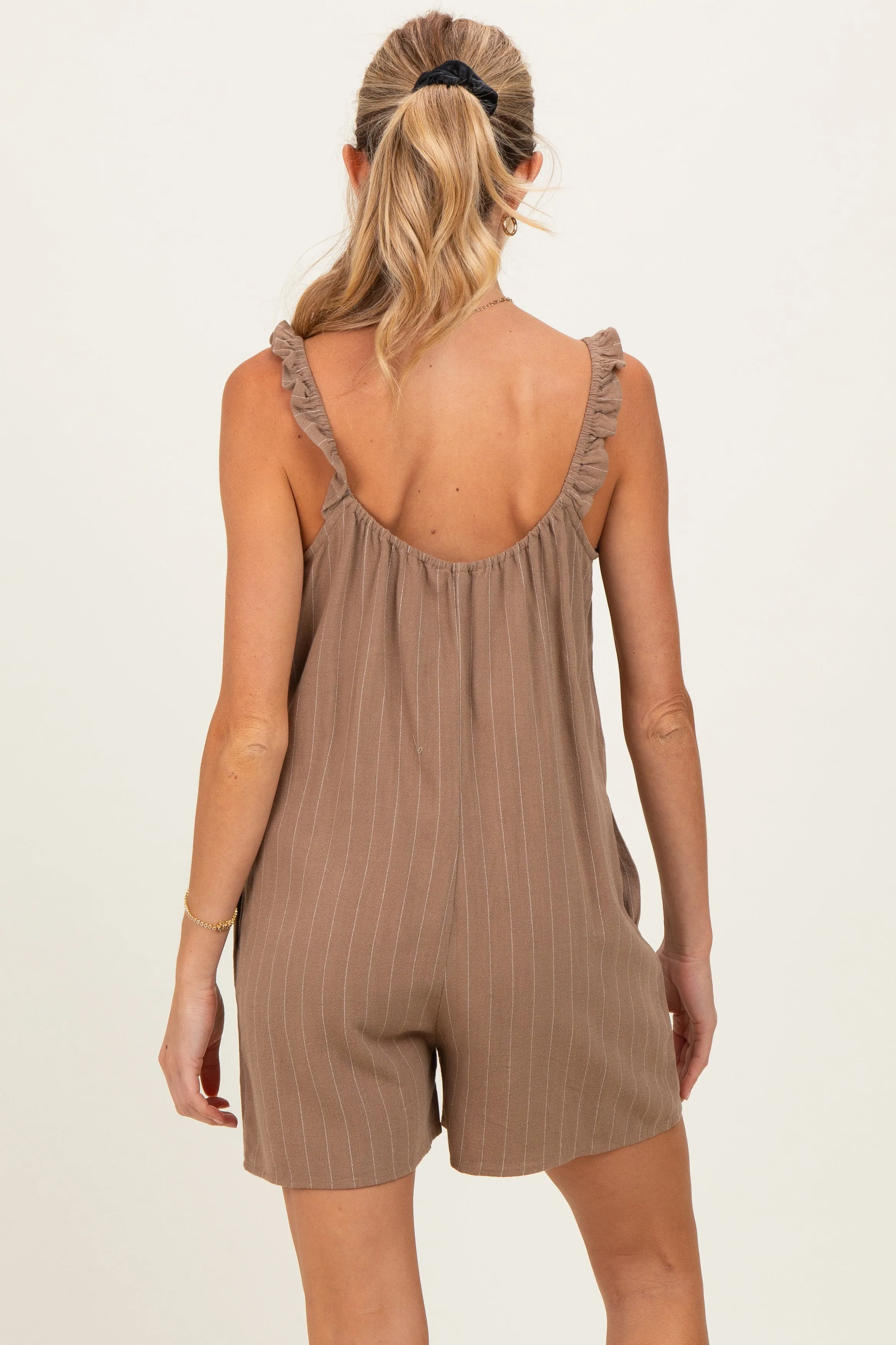 Mocha Stripe Front Tie Linen Blend Maternity Romper sold by Pinkblush product image thumbnail 4