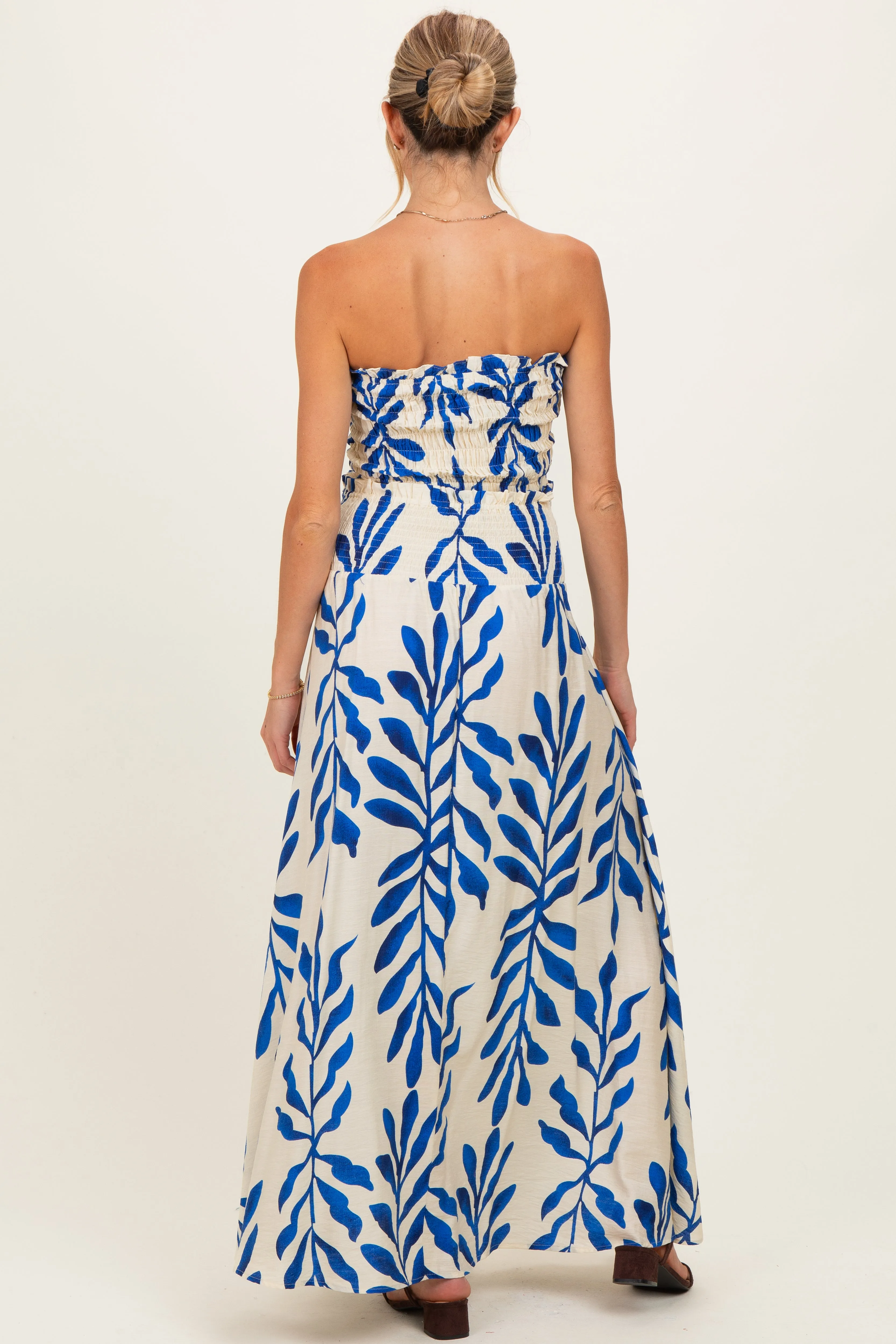 Royal Blue Leaf Print Smocked Crop Top Maxi Skirt Maternity Set sold by Pinkblush product image thumbnail 3