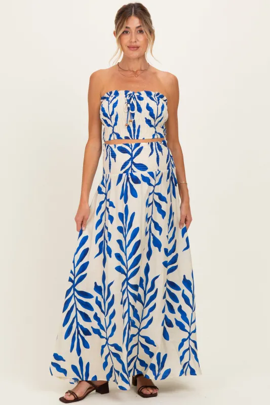 Royal Blue Leaf Print Smocked Crop Top Maxi Skirt Maternity Set made by Aakaa