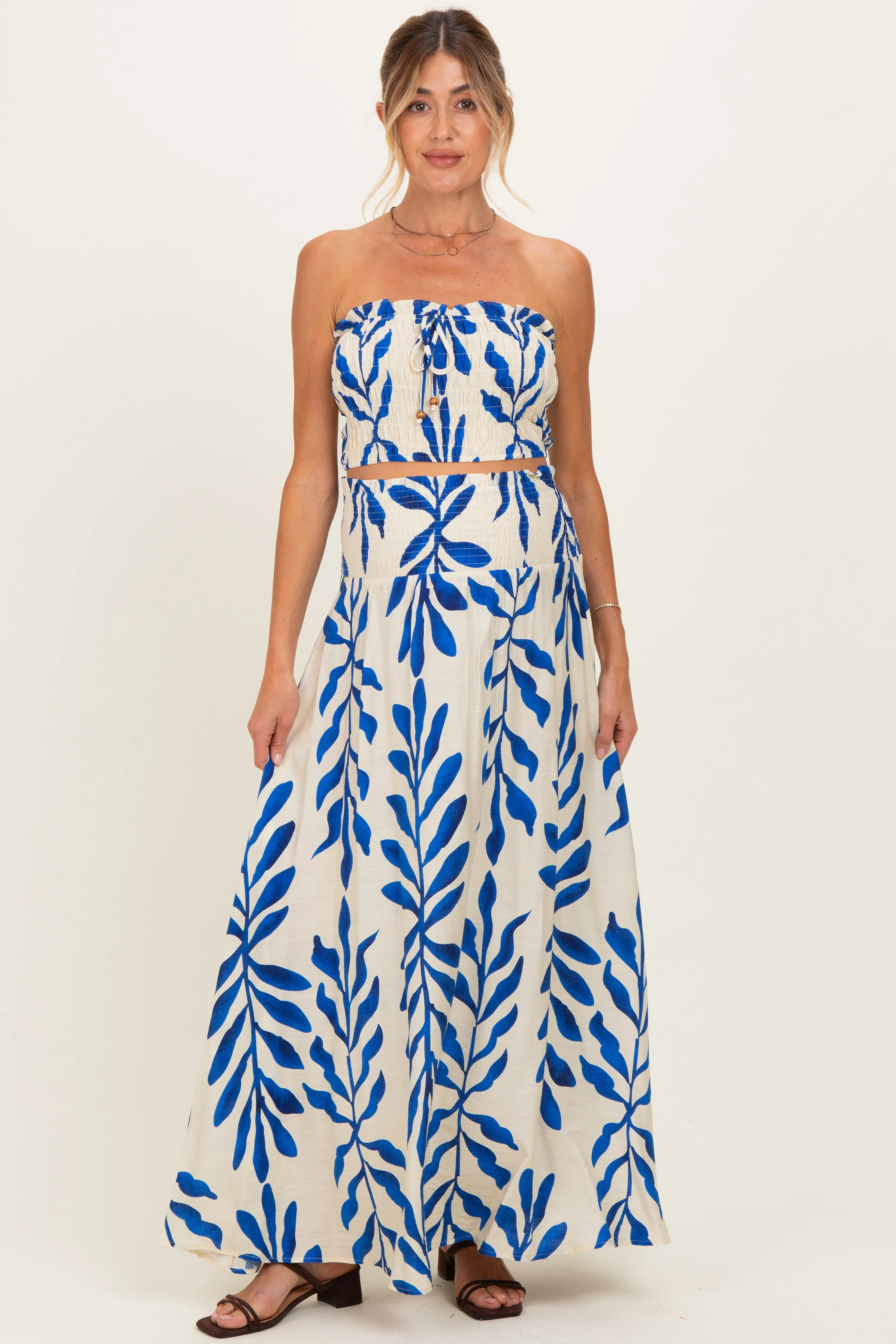 Royal Blue Leaf Print Smocked Crop Top Maxi Skirt Maternity Set sold by Pinkblush