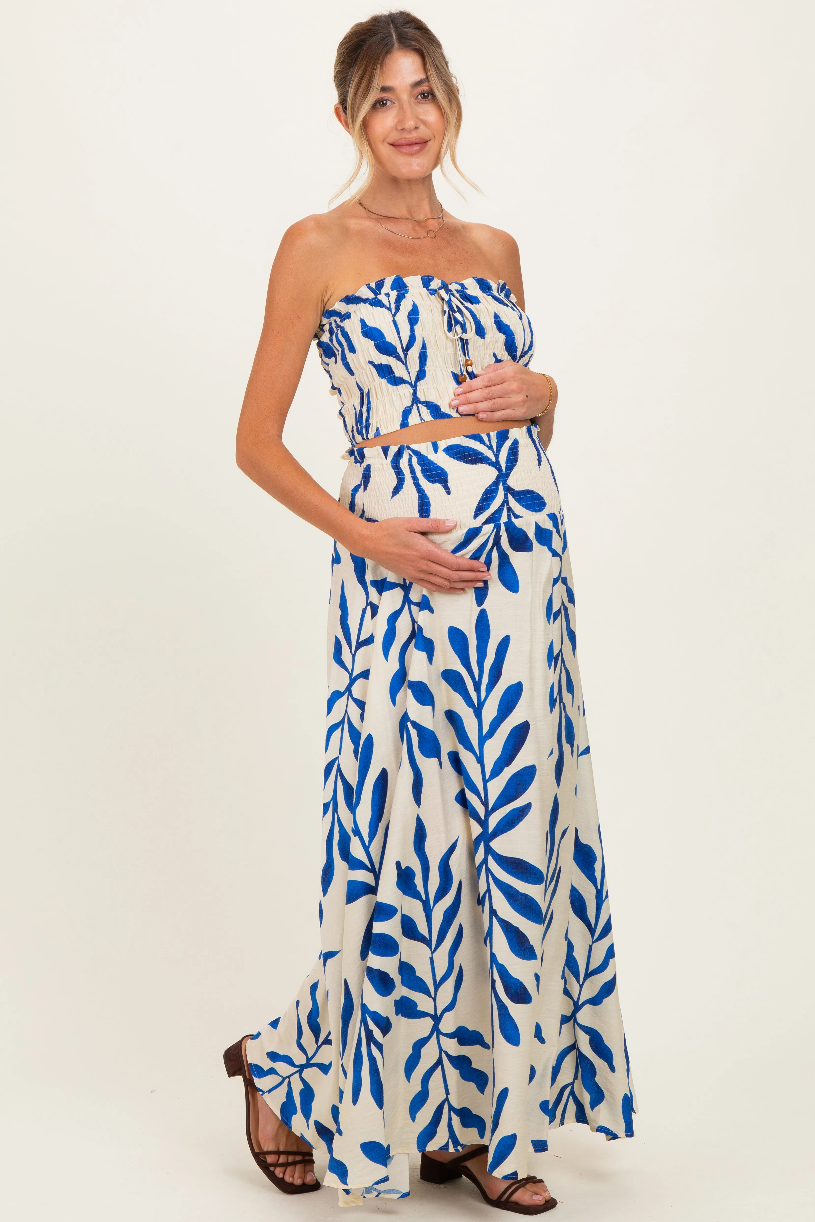 Royal Blue Leaf Print Smocked Crop Top Maxi Skirt Maternity Set sold by Pinkblush product image thumbnail 2
