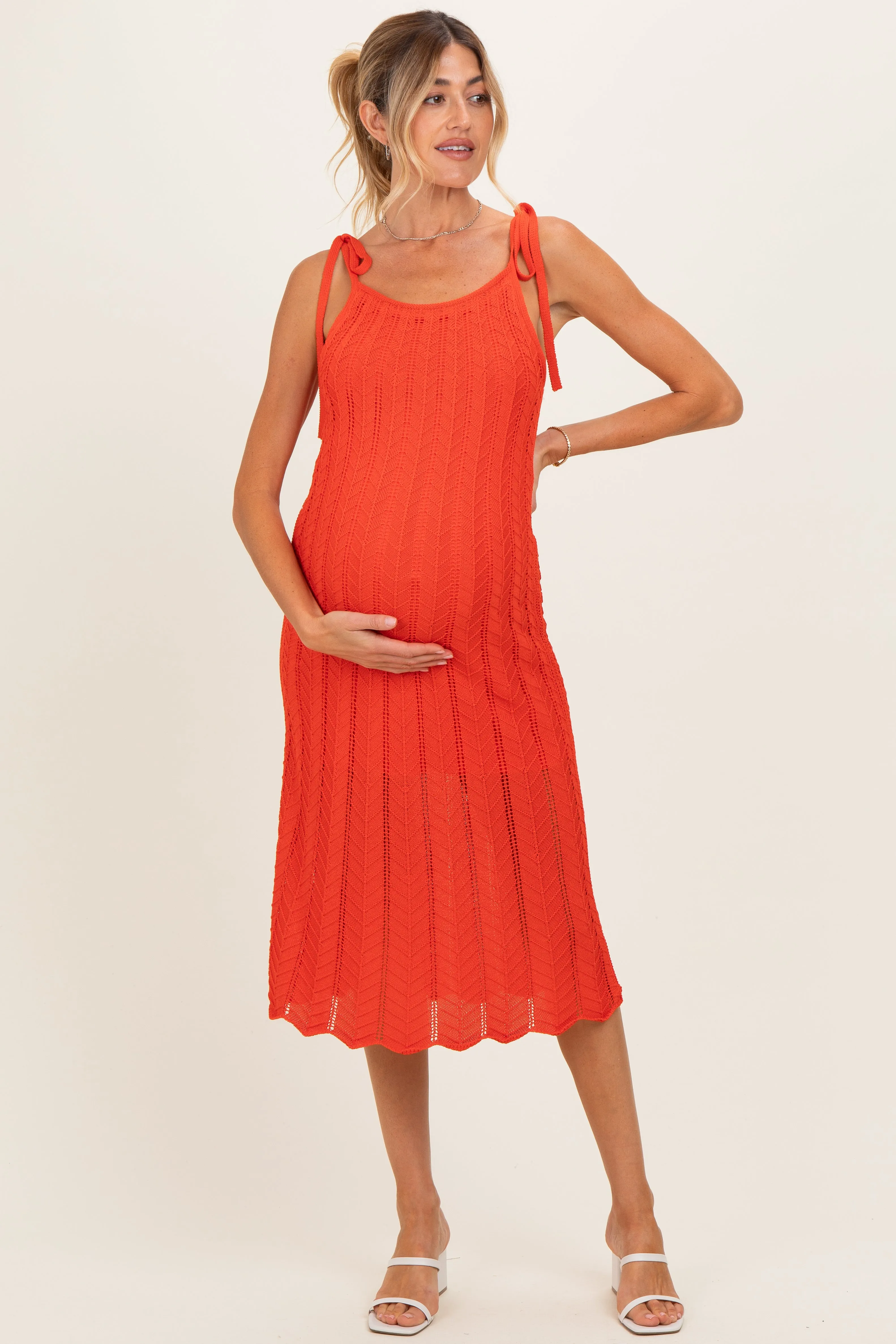 Red Orange Tied Shoulder Strap Maternity Midi Dress sold by Pinkblush