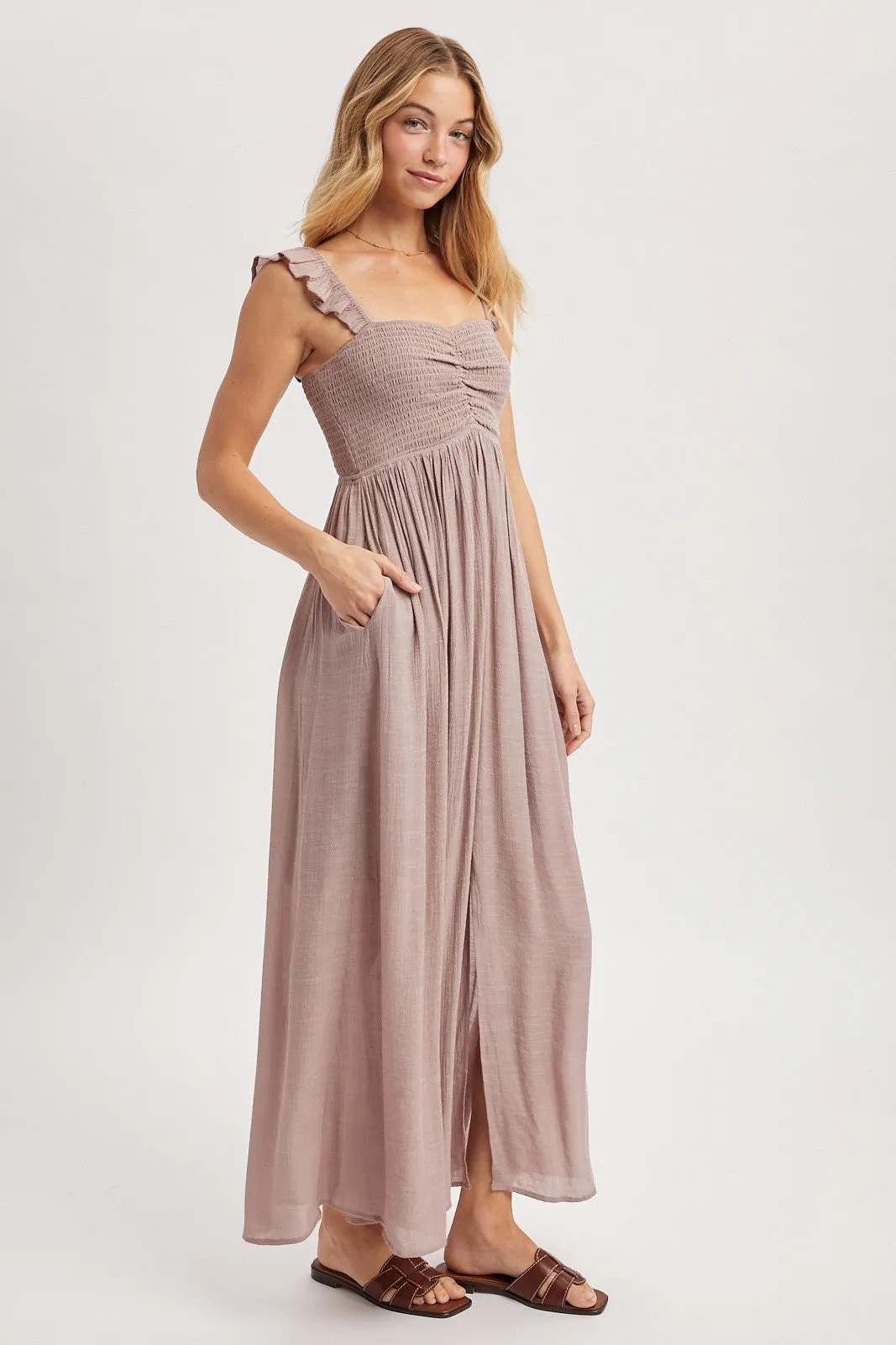 Mauve Cinched Smocked Bust Sleeveless Maxi Dress sold by Pinkblush product image thumbnail 3