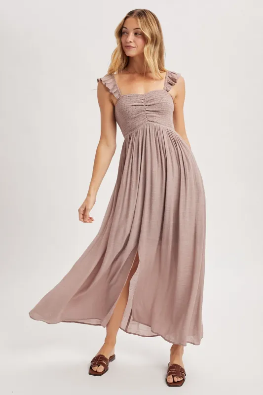 Mauve Cinched Smocked Bust Sleeveless Maxi Dress made by Wishlist