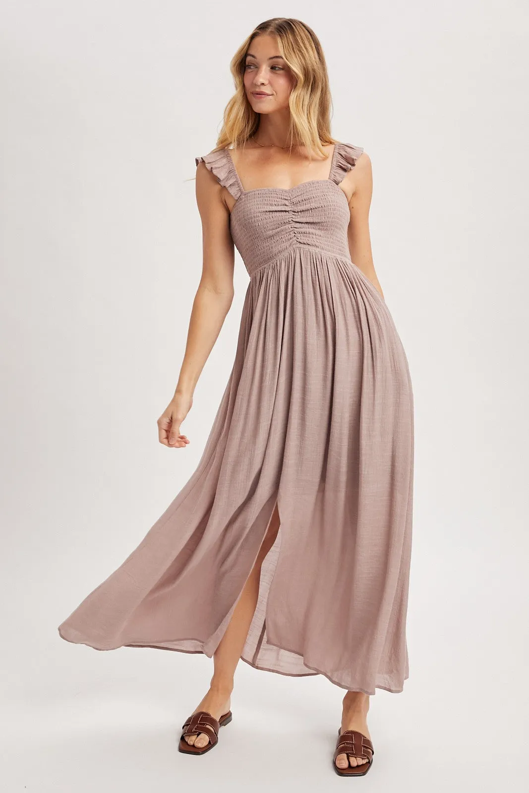 Mauve Cinched Smocked Bust Sleeveless Maxi Dress sold by Pinkblush