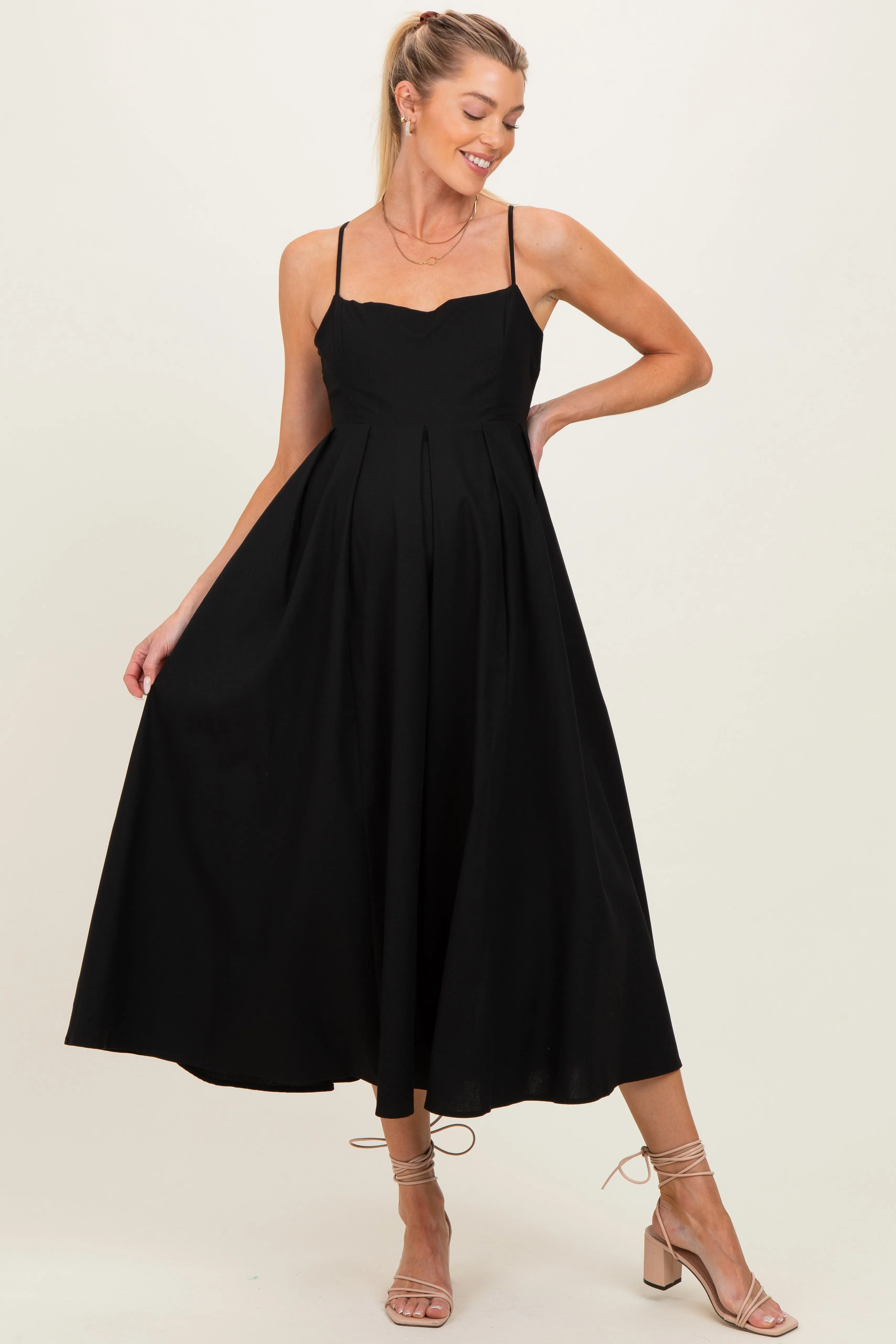 Black Linen Sleeveless Tie Back Flared Maternity Midi Dress sold by Pinkblush product image thumbnail 2