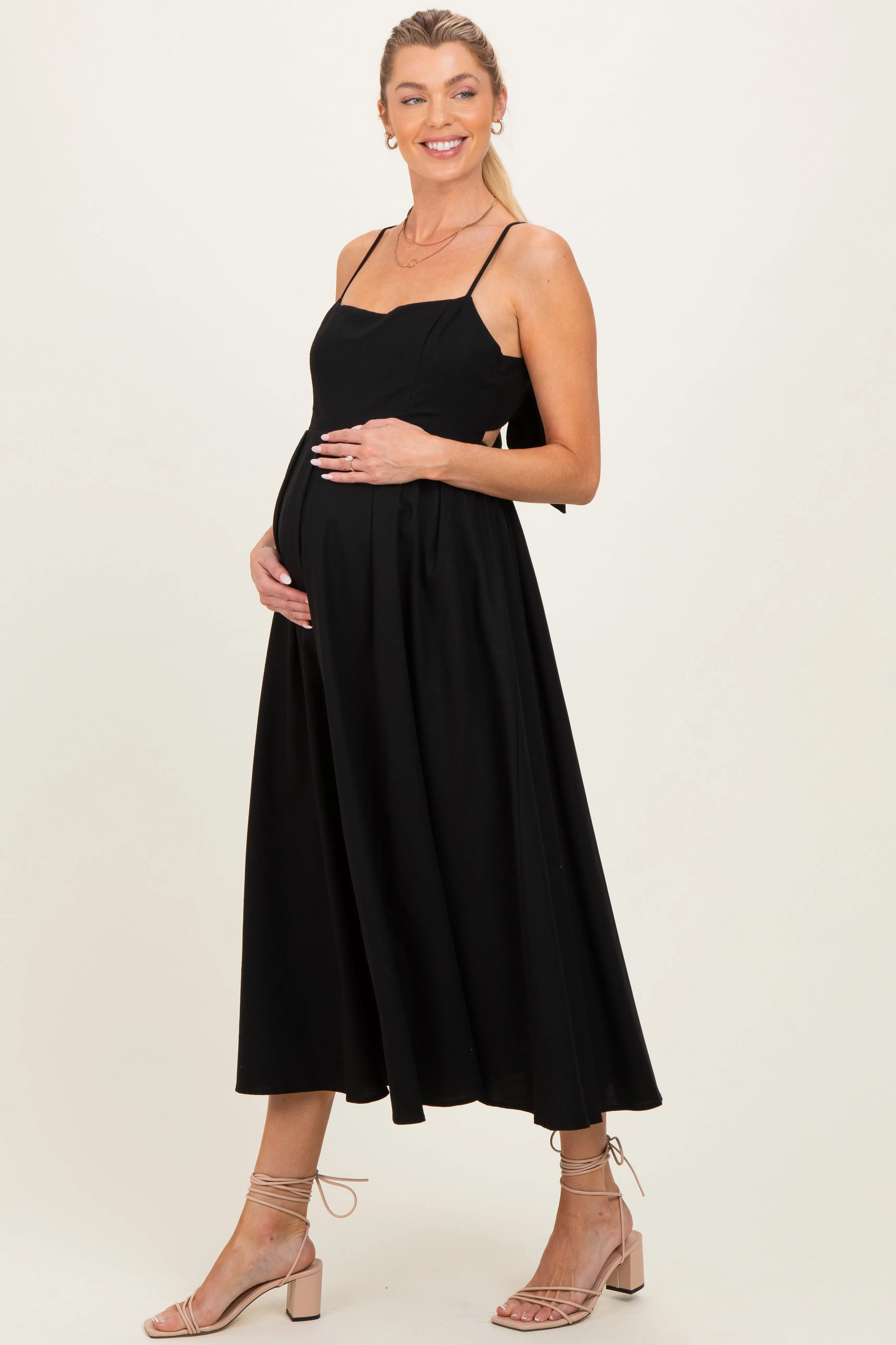 Black Linen Sleeveless Tie Back Flared Maternity Midi Dress sold by Pinkblush product image thumbnail 3