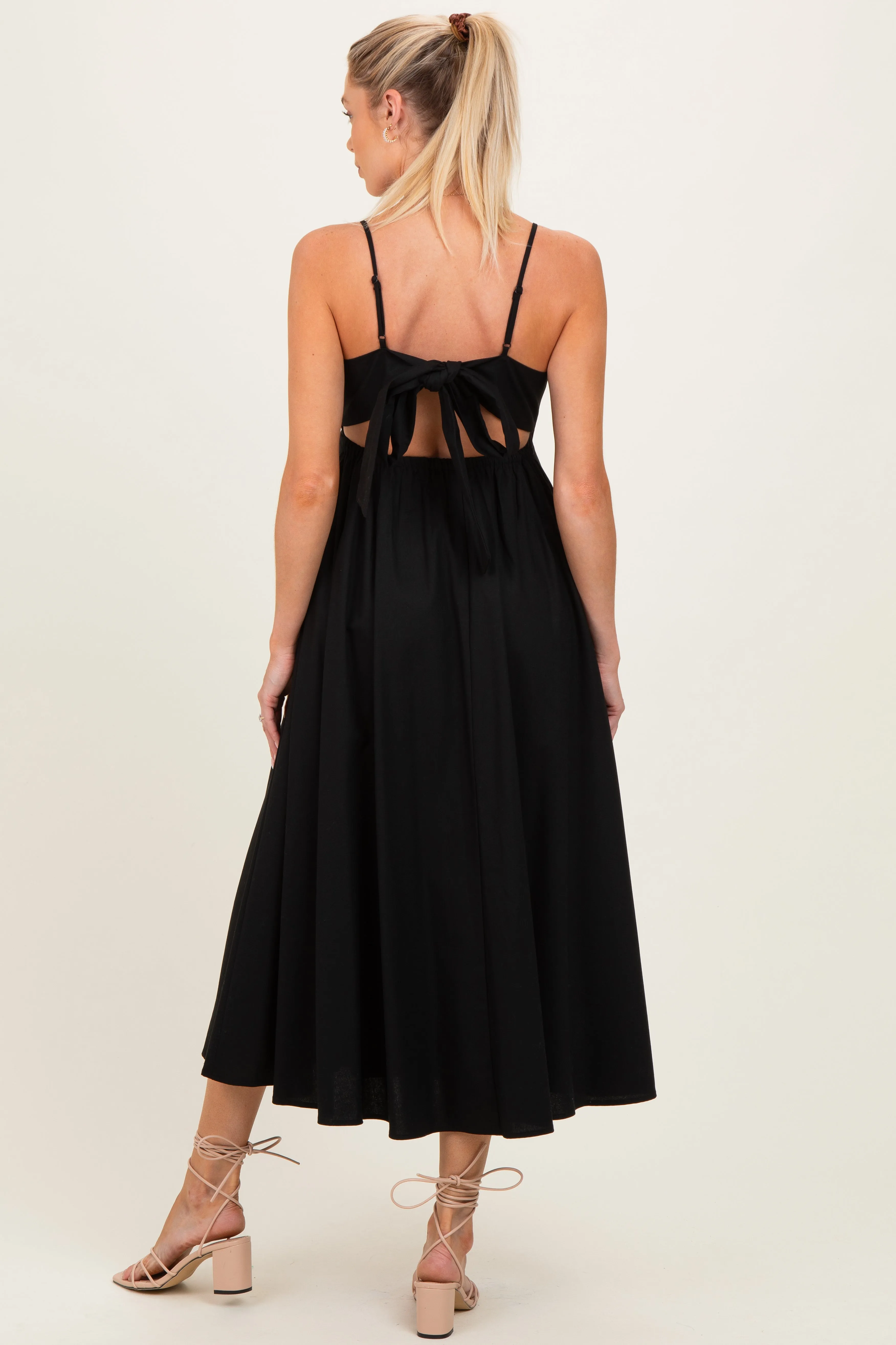 Black Linen Sleeveless Tie Back Flared Maternity Midi Dress sold by Pinkblush product image thumbnail 4