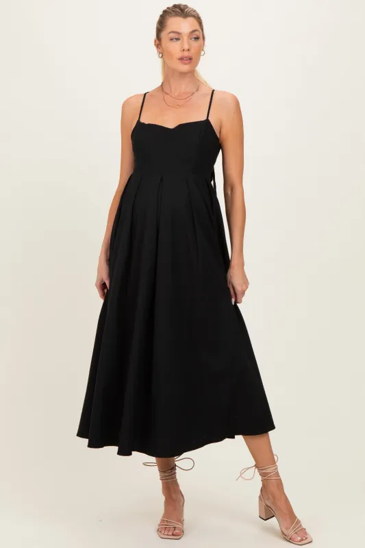 Black Linen Sleeveless Tie Back Flared Maternity Midi Dress made by Pinkblush