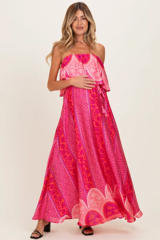 Fuchsia Printed Satin Flounce Strapless Maternity Maxi Dress made by Aakaa