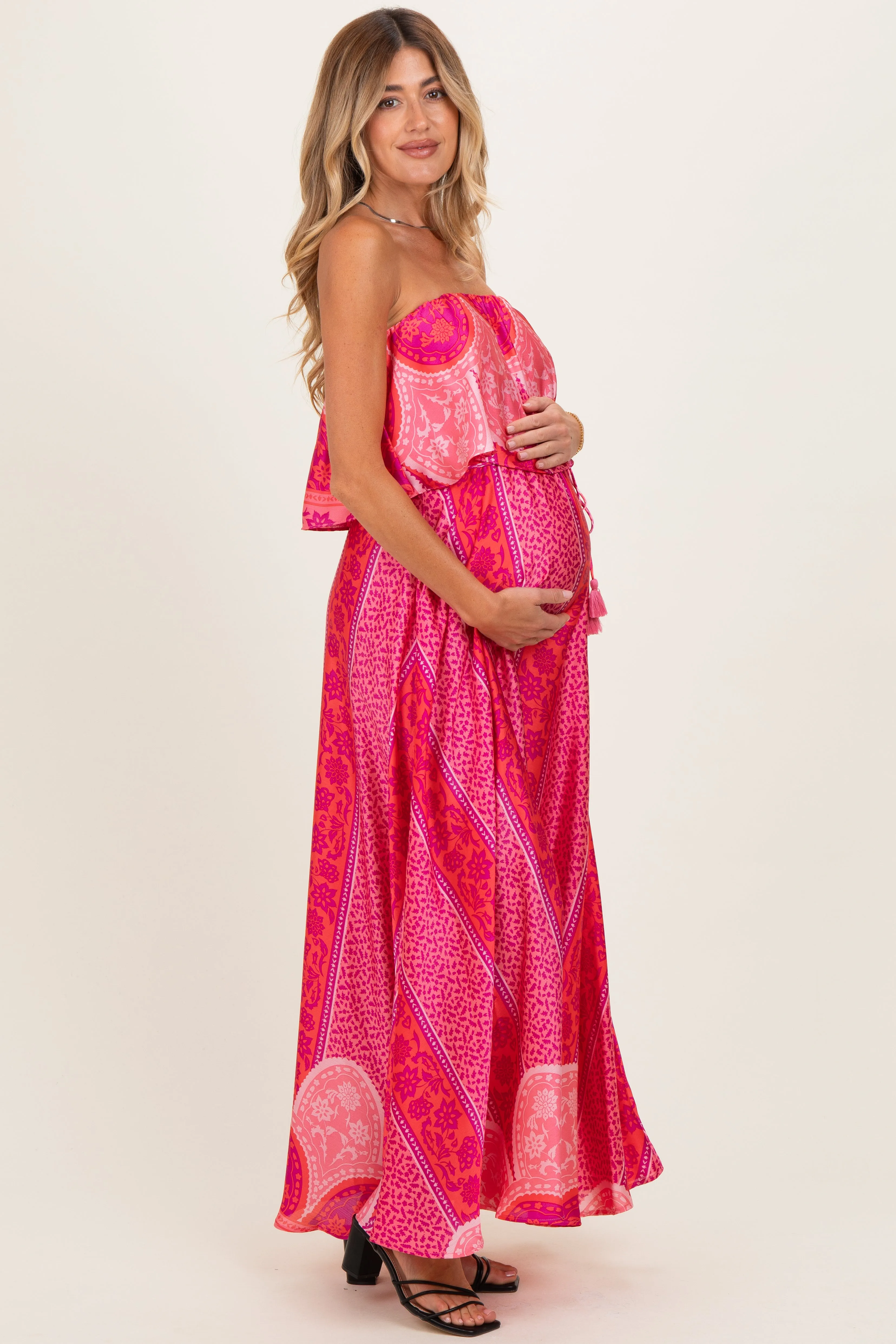 Fuchsia Printed Satin Flounce Strapless Maternity Maxi Dress sold by Pinkblush product image thumbnail 2