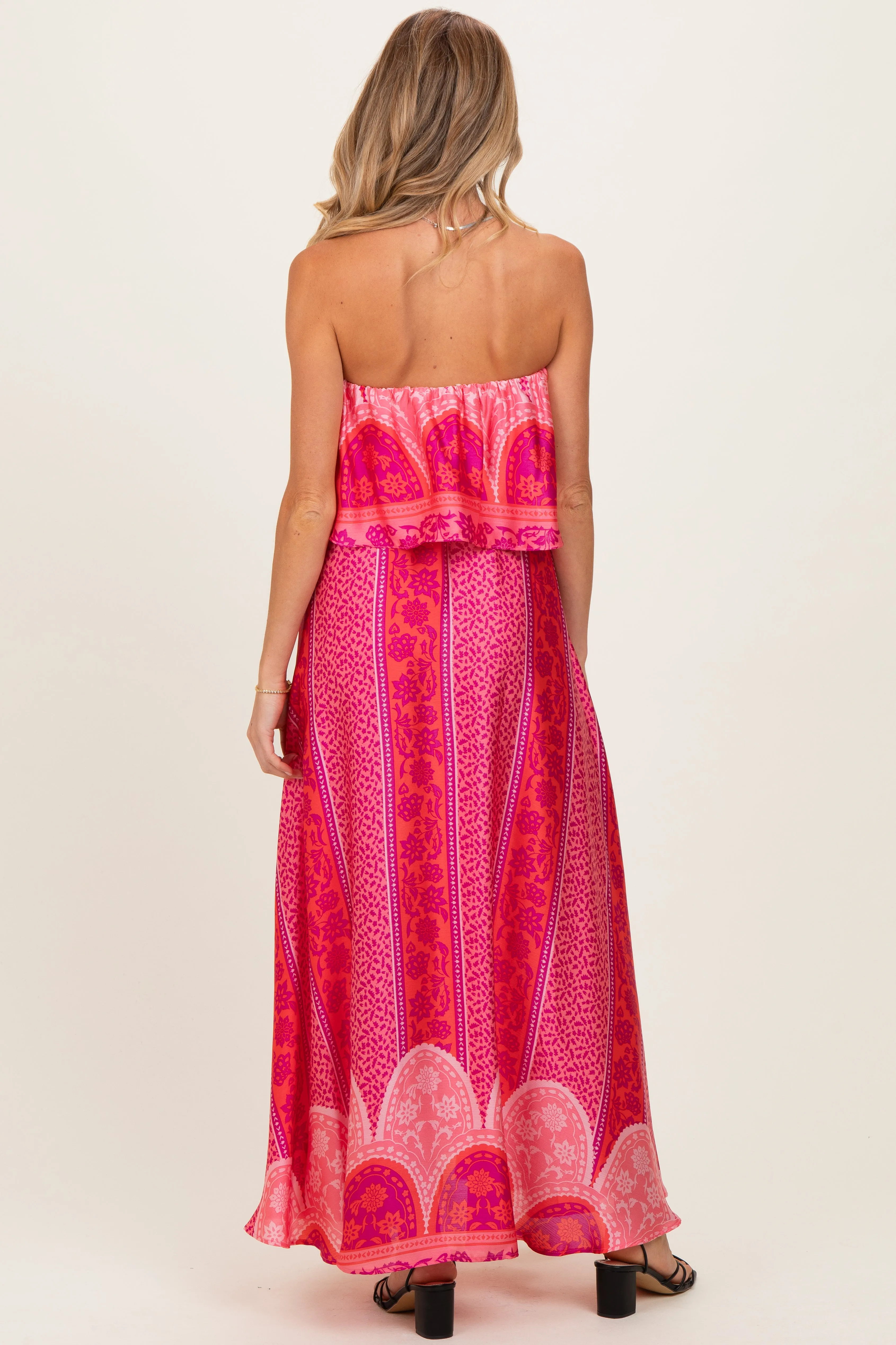 Fuchsia Printed Satin Flounce Strapless Maternity Maxi Dress sold by Pinkblush product image thumbnail 3