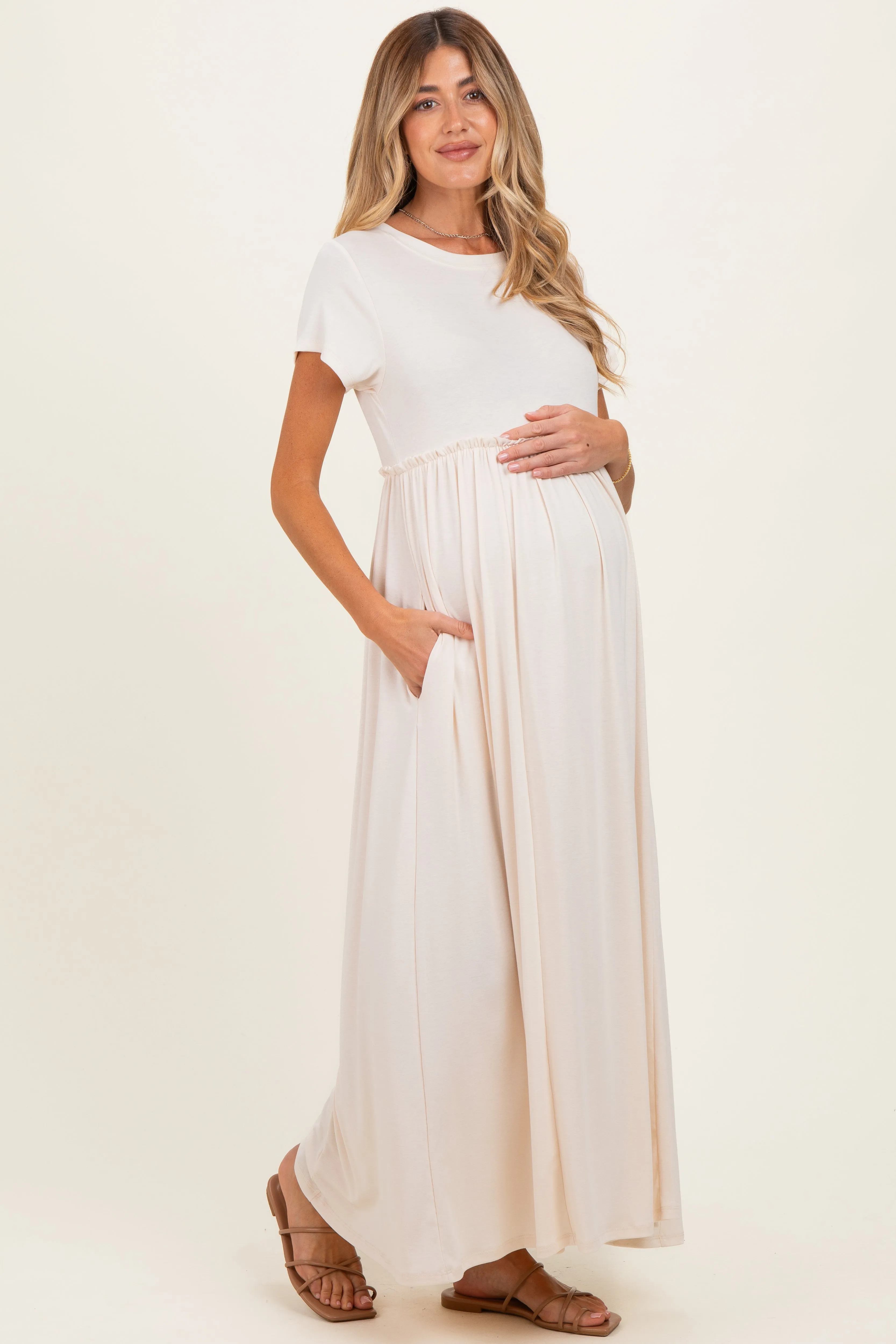 Soft White Ruffle Trim Maternity Maxi Dress sold by Pinkblush product image thumbnail 2